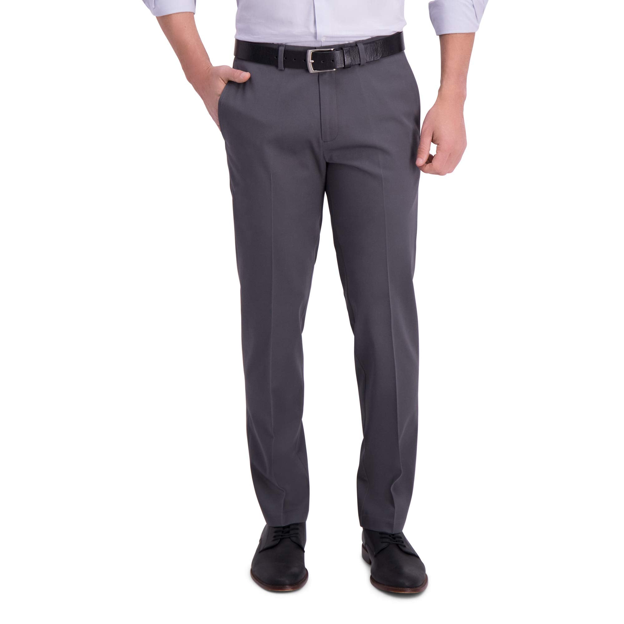 Haggar Mens Iron Free Premium Khaki Straight Fit Flat Front Flex Waist casual Pant Dark grey 34 x 30