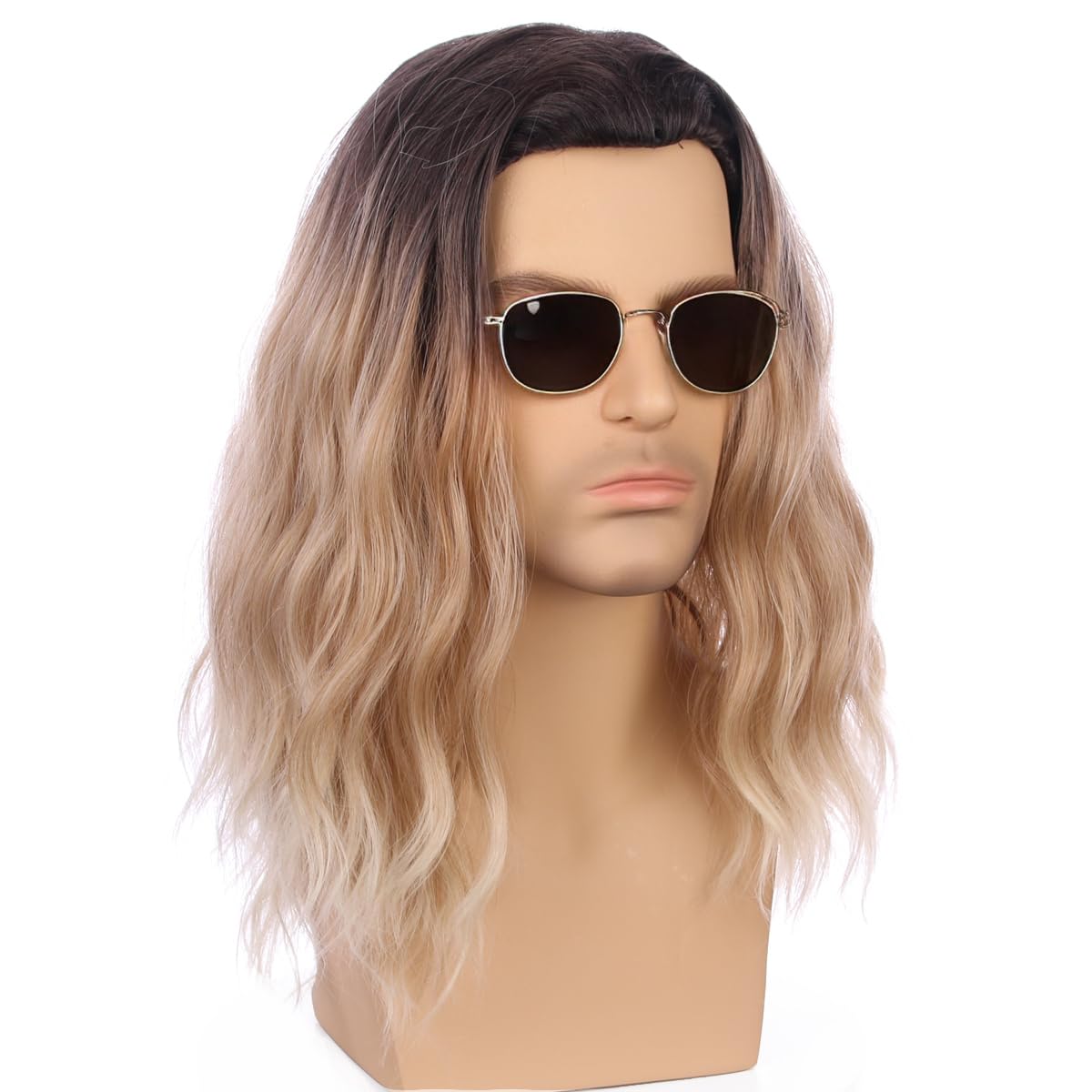 Pattnium Mens Ombre Blonde Wig Long Curly Wavy Middle Length Hair Wig Golden Blonde Halloween Cosplay Costume Party Wigs