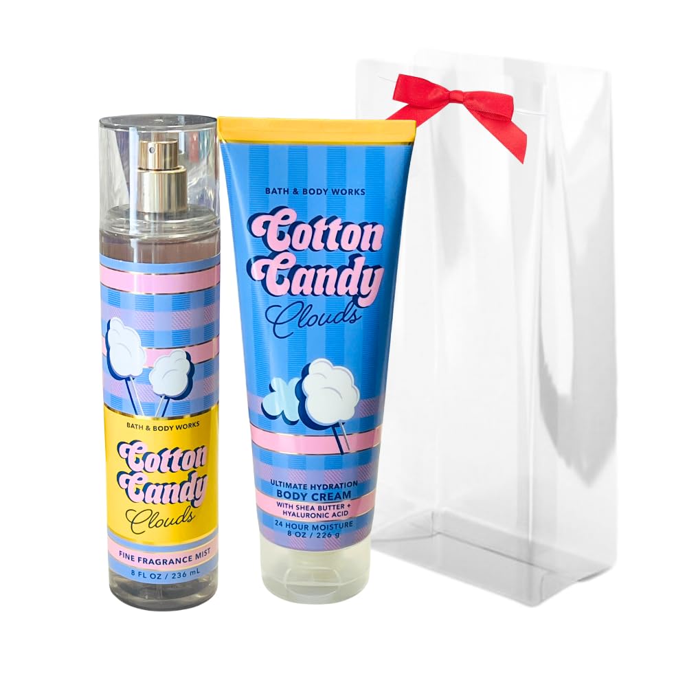 Bath & Body Works COTTON CANDY CLOUDS Fine Fragrance Mist and Ultimate Hydration Body Cream 2pc Gift Set with a Red Bow for Holi
