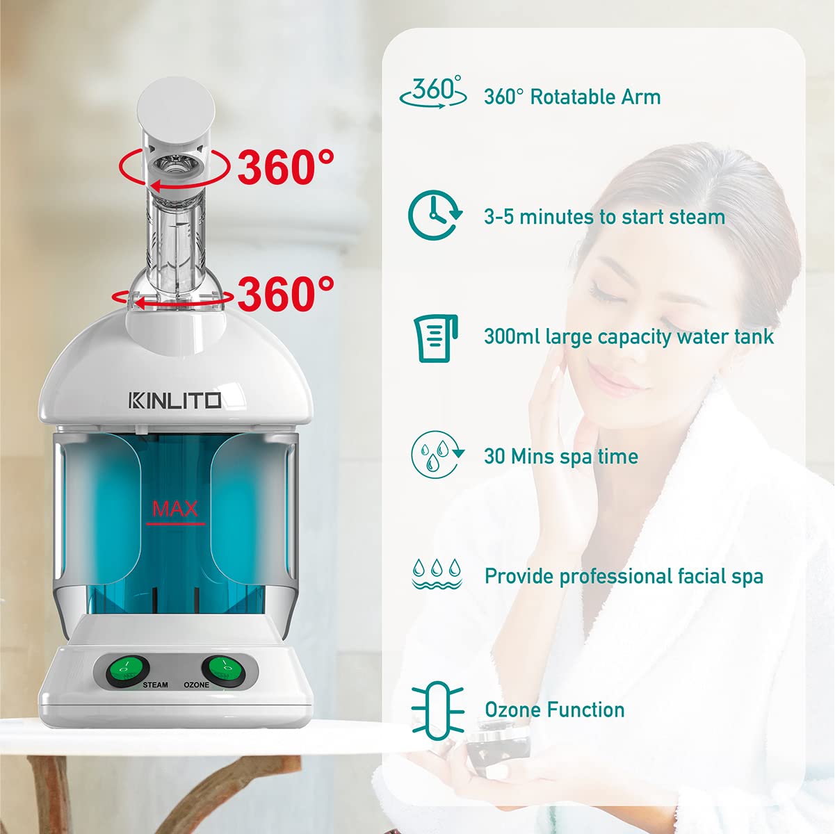 KINLITO Facial Steamer - Ozone Steamer with 360 Rotatable Arm - 40 Min Steam Time - Humidifier - Unclogs Pores - Blackheads - Po