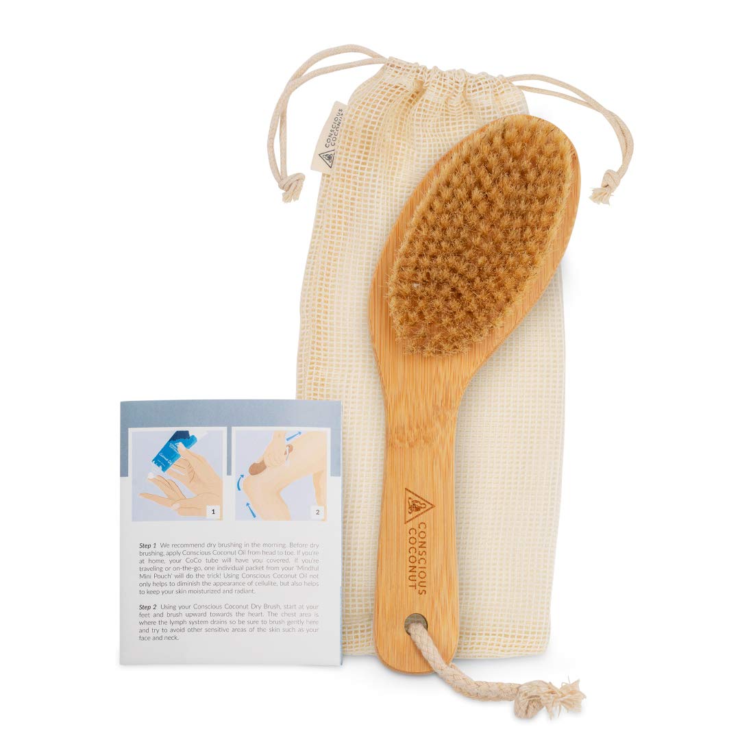 Dry Brush  Sustainable Bamboo Body Scrub Brush with Travel Bag and Howto Dry Brush Guide for Skin Care, Great Gift for Self Ca