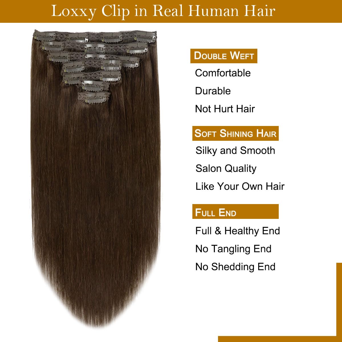 Loxxy 22Inch Clip In Hair Extensions Brown Real Human Hair Clip Ins Extensions Light Dark Brown Double Weft Straight Real Hair E