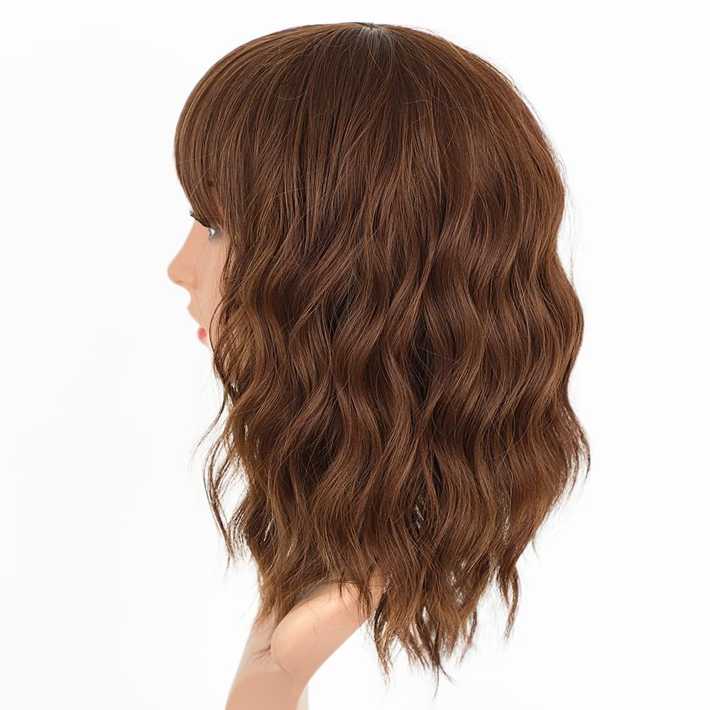 Aisi Hair Synthetic Wavy Curly Bob Wig With Bangs Ash Auburn Wig Short Bob Wavy Hair Wigs For Women Synthetic Heat Resistant Bob