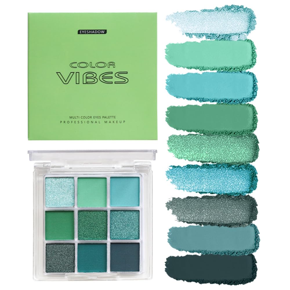 Go Ho 9 Colors Green Eyeshadow Palette,Light To Dark Green Eye Shadow Palette,Matte&Shimmer Eye Makeup Palette,Waterproof Grey&G