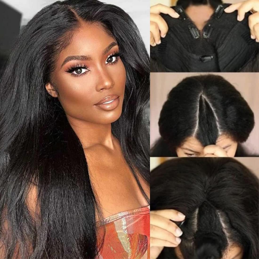 UNICE Kinky Straight V Part Wig - 18 Inch Human Hair, Glueless, Natural Color, Beginner Friendly, Clips In, 150% Density