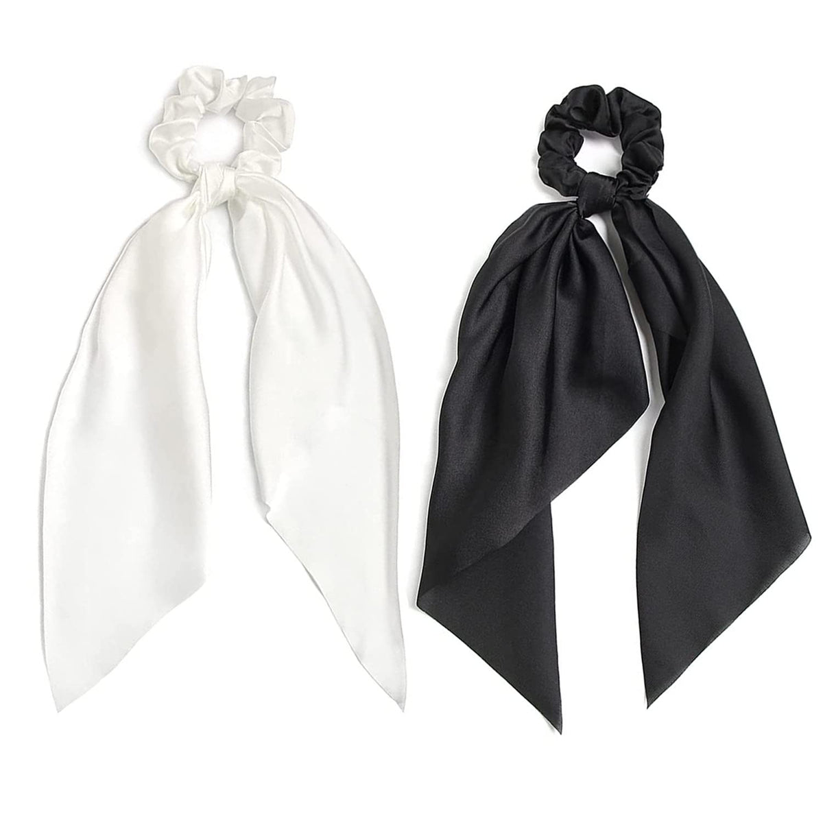 2 PCS Hair Scrunchies Scarf White Black Hair Ribbon Satin Silk Elastic Hair Tie Bow Bands Ponytail Holder Accessories for Women 