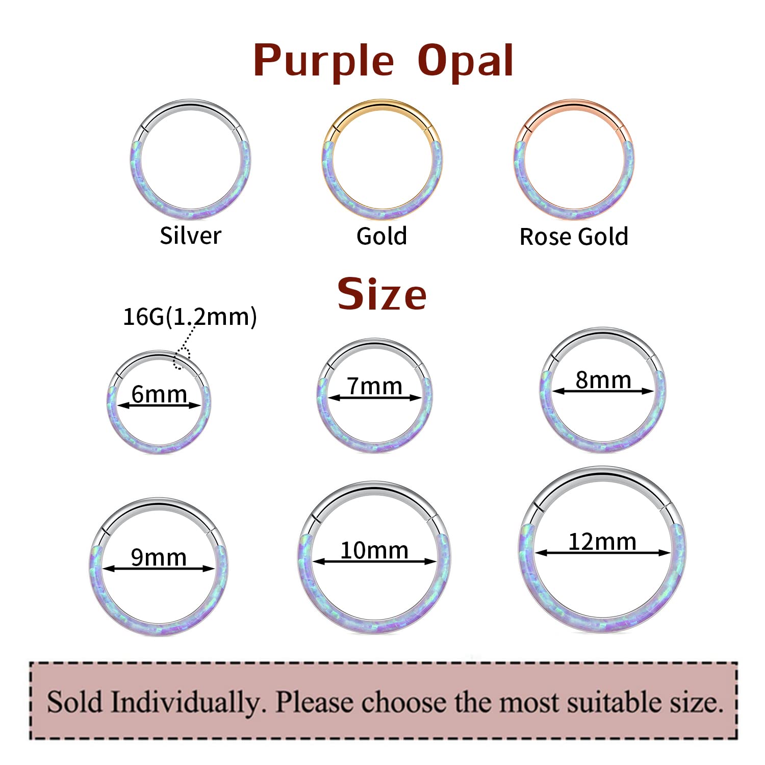 14G Septum Jewelry Purple Opal Septum Rings Silver Daith Earrings Surgical Steel Conch Hoop Earrings Seamless Nose Ring Hoops Se
