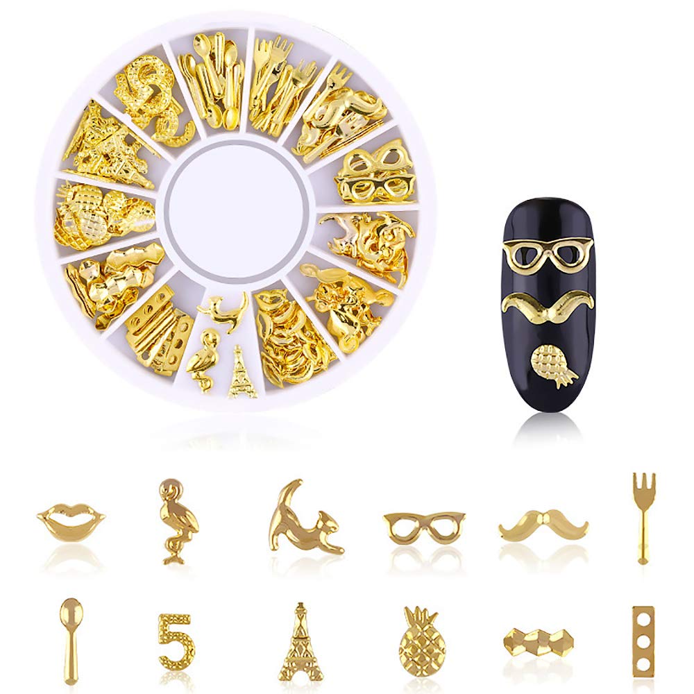 Wokoto 6 Boxes Gold Hollow Nail Metal Studs Modern Cross Geometry Nail Art Charm 3D Nail Jewelry Decoration With 1Pc Tweezers An