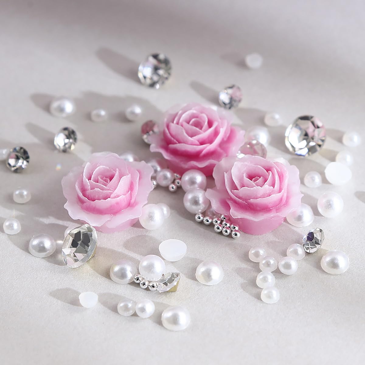 Valentine 3D Rose Flower Nail Art Charms, Pink Rose Flowers Nail Ornaments Sparkle Nail Art Rhinestones Diamond Mix White Pearls