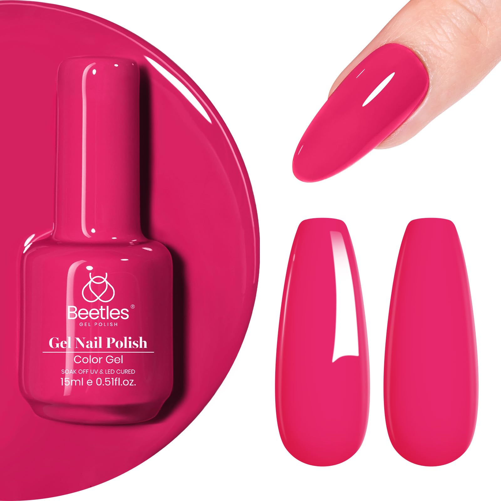 Beetles Pink Gel Nail Polish, 15ml Hot Pink Spring Summer Nail Gel Polish Soak Off UV LED Lamp Passionate series Nail Art Manicu