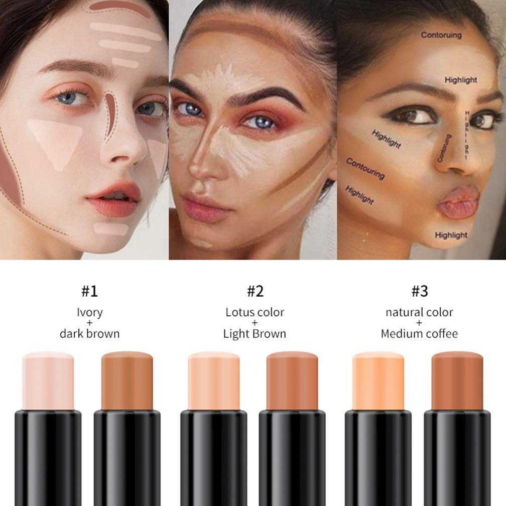 Meicoly Cream Contour Stick Trio,Bronzer Highlighter Stick,2 In 1 Double Head Facial Repair Concealer Stick,3D Body Makeup Shadi