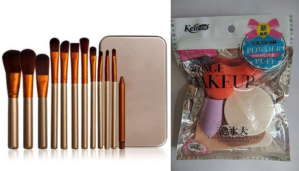 WomenS & GirlS Makeup Brushes  Colour : Silver  Set Of 12  With One Multicolour Beauty Blender Pack