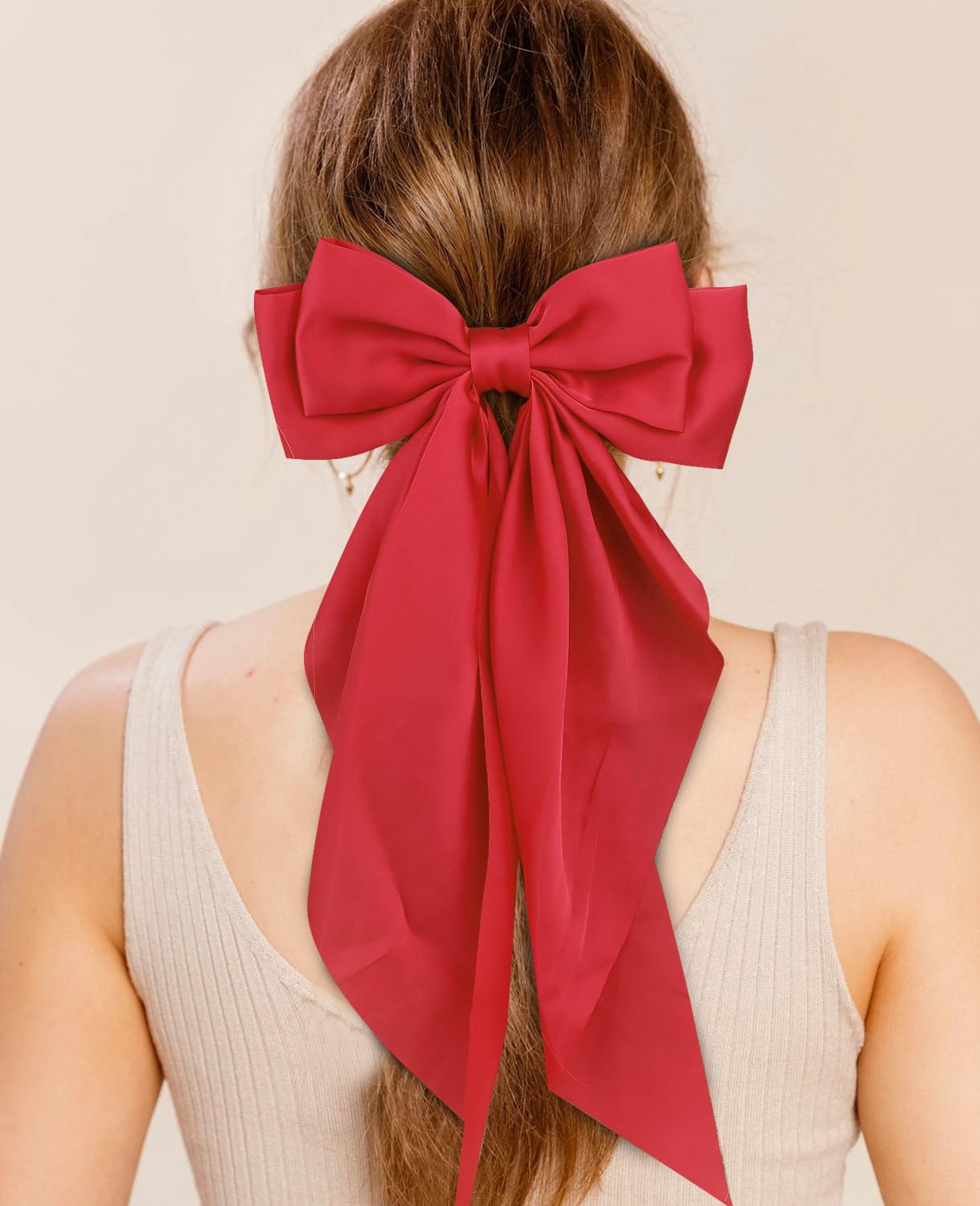Wecoe 4Pcs Big Hair Bows For Women Red Satin Bows Hair Barrettes Cute Large Christmas Hair Bow Clips With Long Tail Valentines D