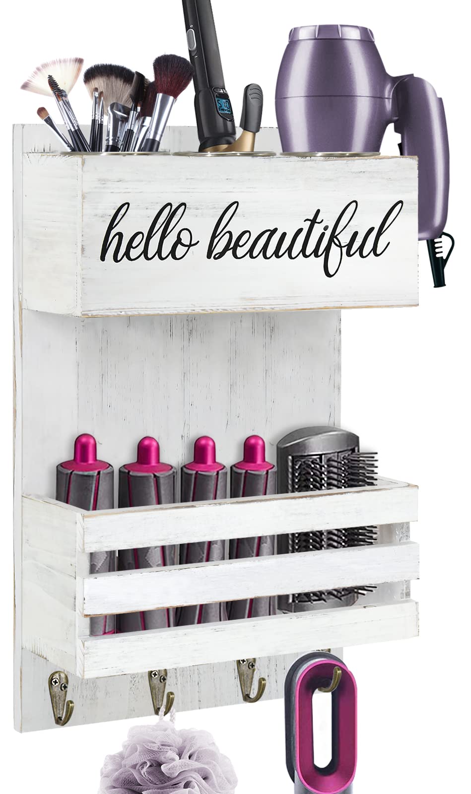 Rustic Hair Tool Organizer Wall Mount, 2 Layer Hair Dryer Holder Wall Mounted, Bathroom Hair Care And Styling Tool Organizer For