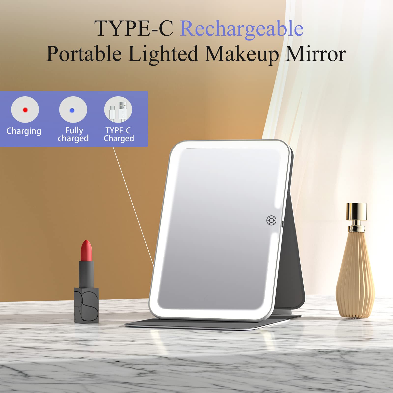 Rechargeable Travel Lighted Makeup Vanity Mirror With Pu Leather Cover,Portable Travel Makeup Mirror With Lights,3 Color Lightin