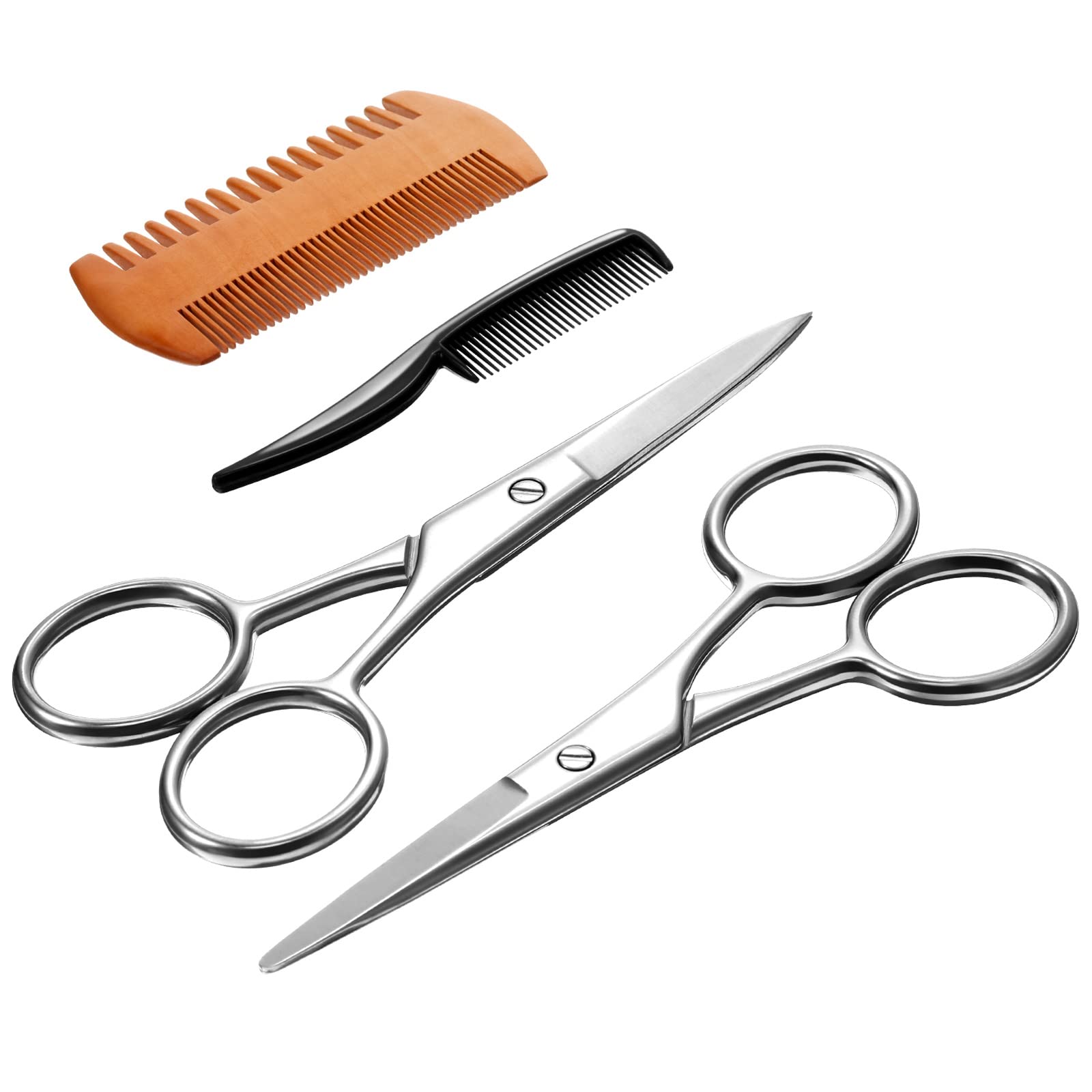TecUnite 4 Pieces Mustache Scissors Grooming Kit for Men, Beard Trimmer Set, 2 Small Combs and 2 Scissors Beard Trimming Kit wit