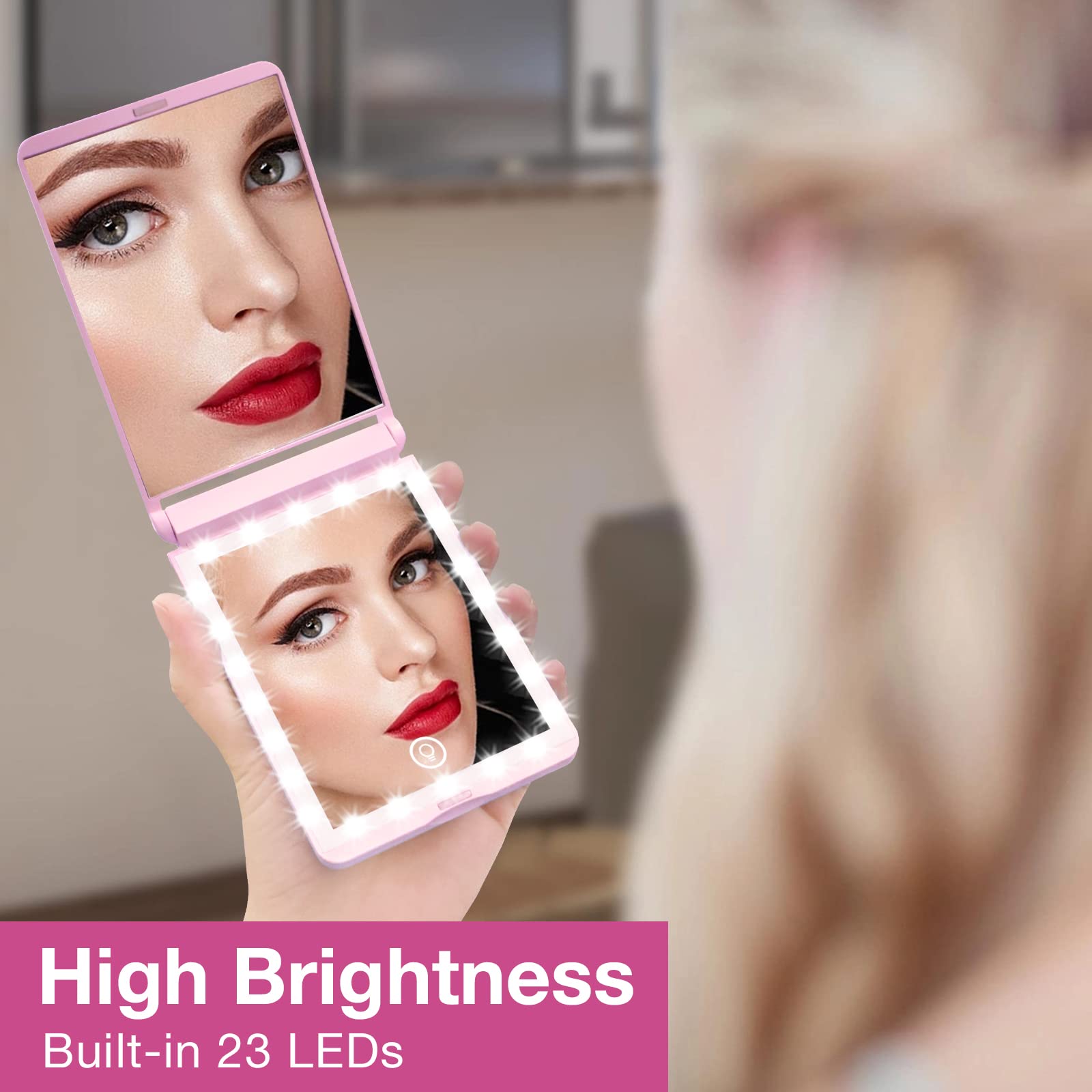 WOBSION Lighted Compact Mirror, Rechargeable Travel Makeup Mirror with Light,1x/3x Magnifying,300Flip Folding Portable Mirror, 2
