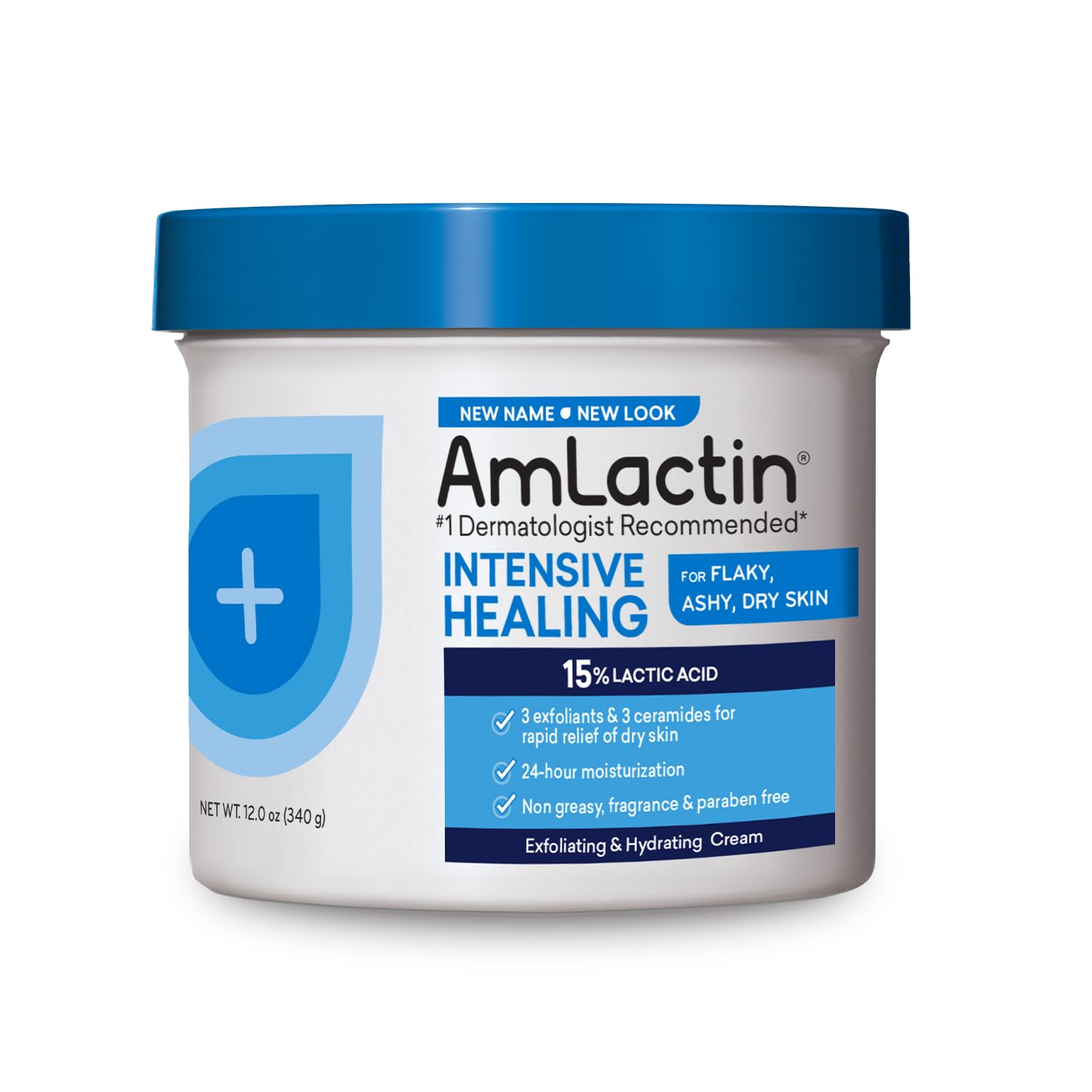 AmLactin Intensive Healing Body Cream - 12 oz Tub - 2-in-1 Exfoliator and Moisturizer for Dry Skin with 15% Lactic Acid and Cera