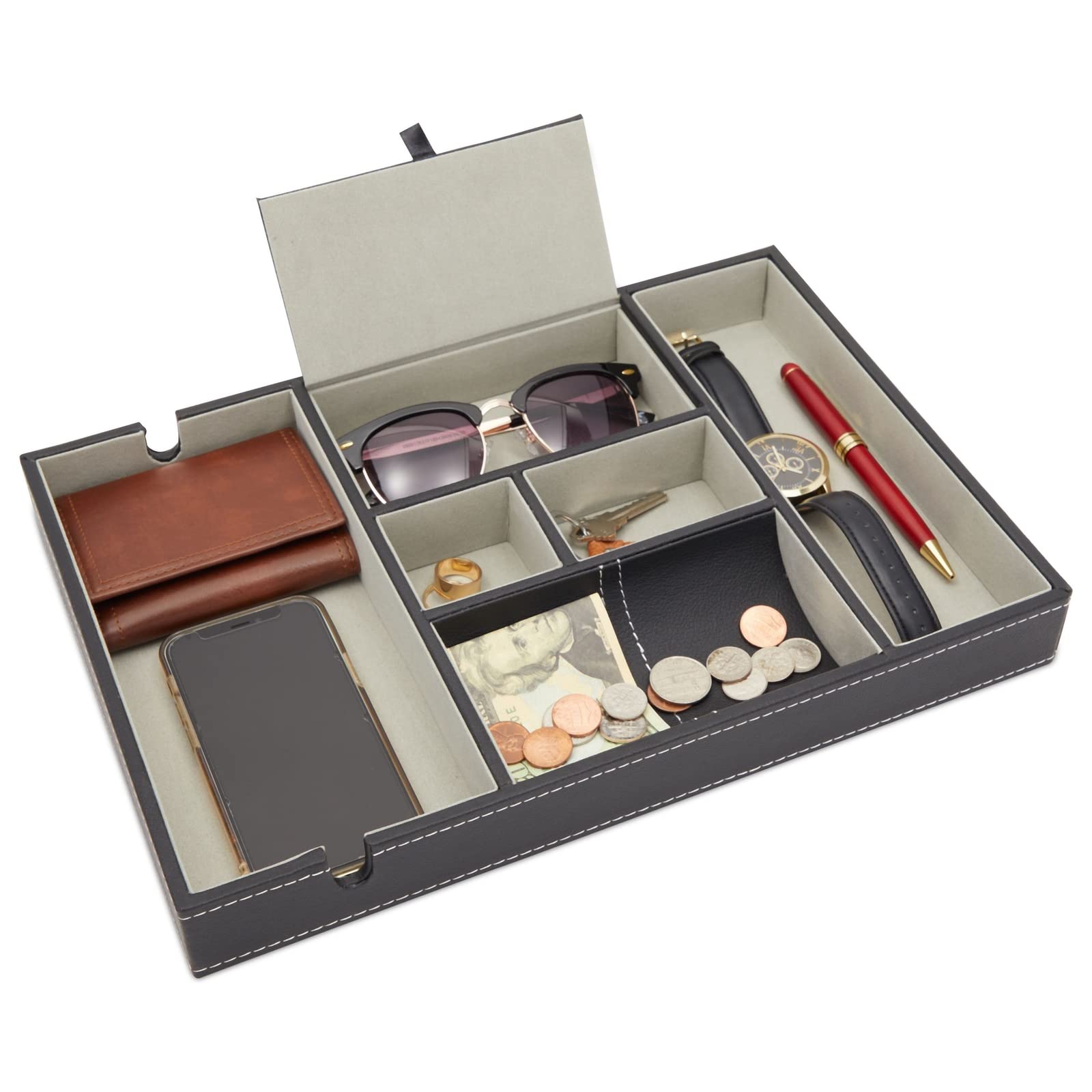Juvale Nightstand Organizer Tray - 14 x 10 x 1.5 in, Black Faux Leather - Valet Tray for Men with 6 Compartments for Watch, Jewe
