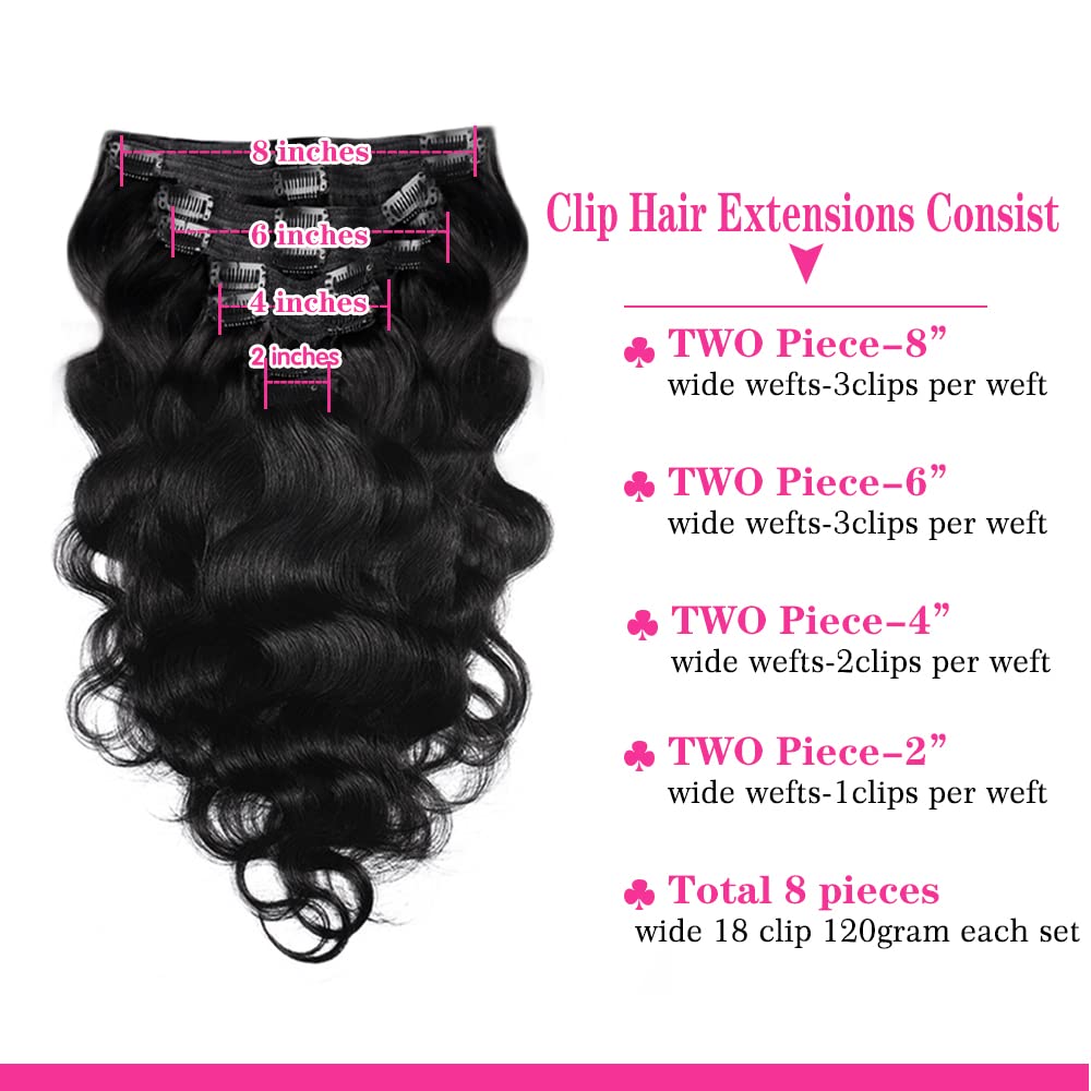 Body Wave Brazilian Clip in Hair Extensions Human Hair 8Pcs Remy Hair Extensions Clip ins for Black Women with 18Clips 120g (20i