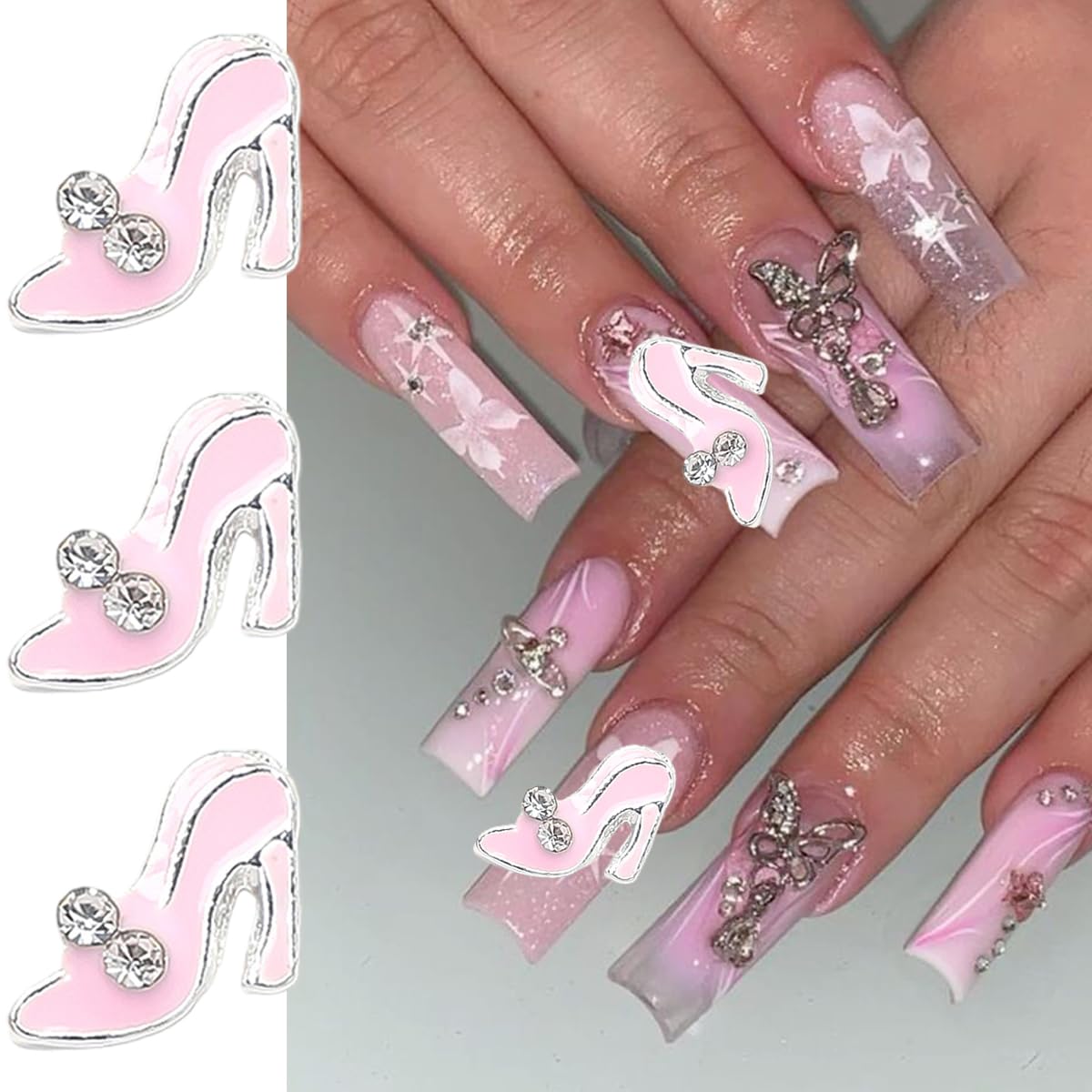 15Pcs Valentines Day Nail Charms Alloy High Heels Nail Art Charms With Glitter Nail Rhinestones Black Pink Red High Heel Shoes C