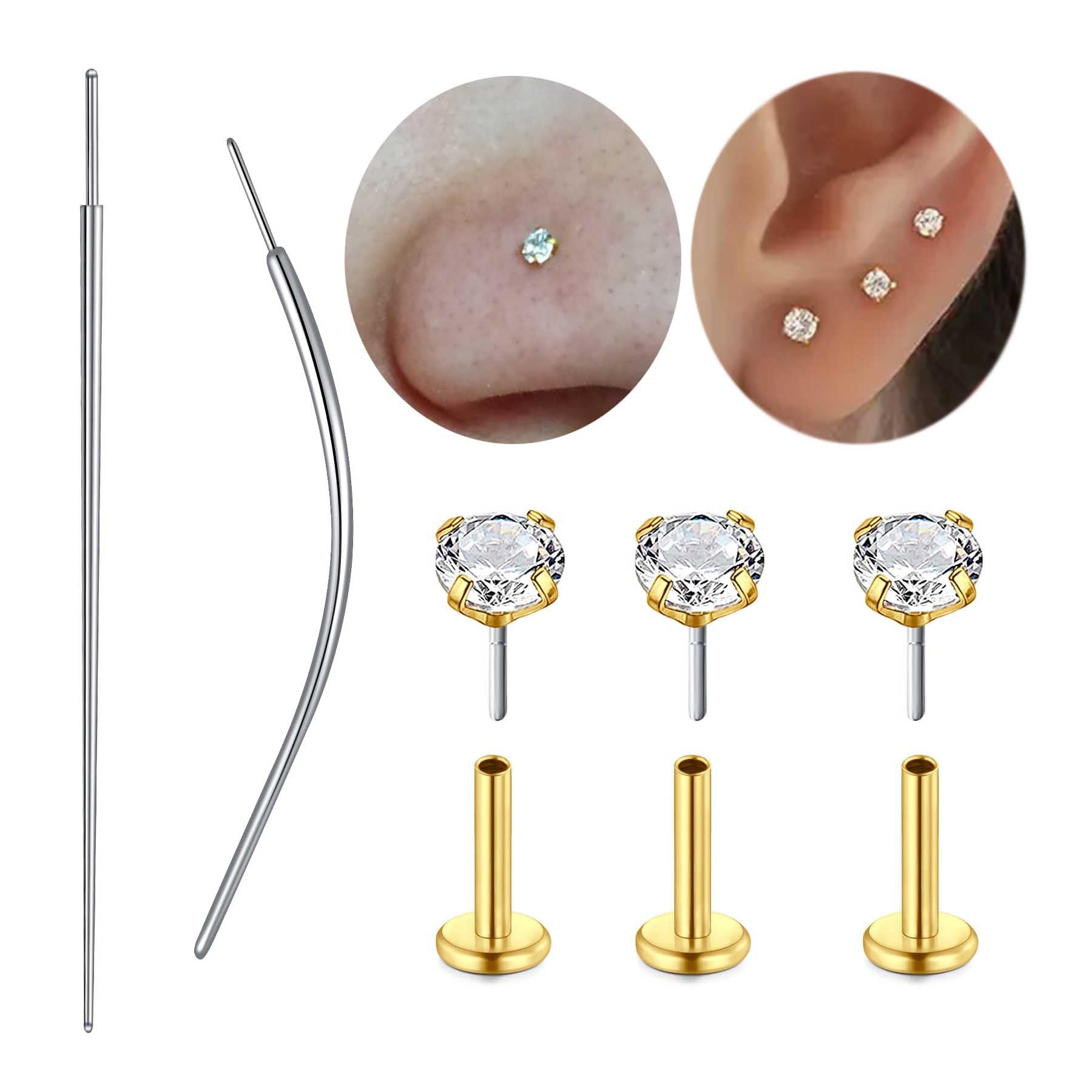 QWALIT 18g Threadless Nose Stud Flat Back Nose Studs Flatback Cartilage Earring Threadless Flat Back Earrings Push in Nose Rings