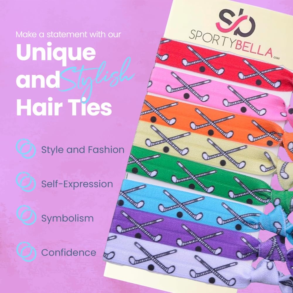 Multi-Colored Girls Field Hockey Hair Accessories, No Crease Ponytail Holders with Hockey Stick Design (8 pcs) - by SPORTYBELLA