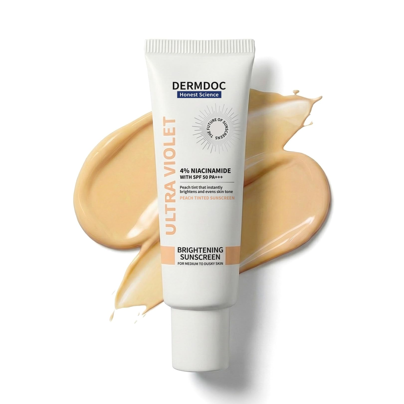 DERMDOC SPF 50 Ultra Violet Brightening Tinted Sunscreen with 4% Niacinamide, 50 gm | PA +++ | With Peach Tint | Lightweight | U