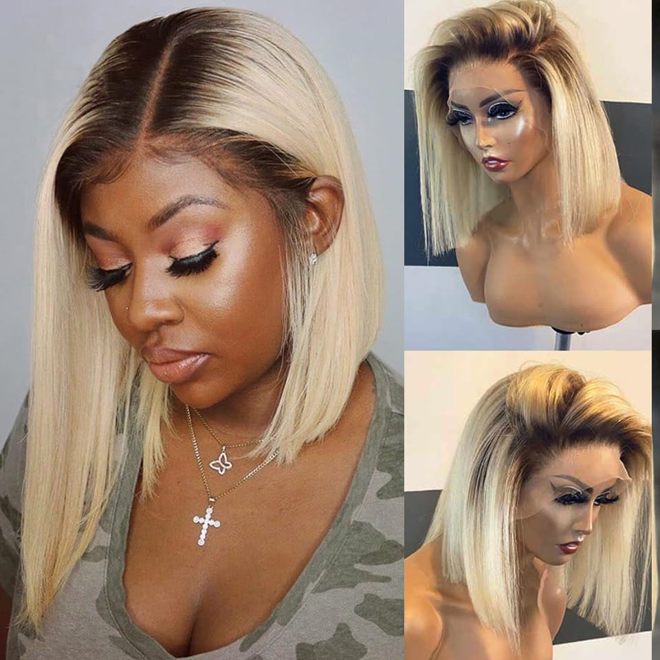 13x4 Hd Blonde Bob Lace Front Wigs Human Hair for Black Women,14'' 150% Density Glueless Pre Plucked Ombre Blonde Straight Remy 