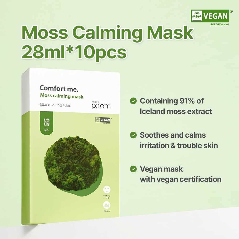 MAKE P:REM Comfort Me. Moss Calming Mask, Korean Facial Sheet Mask, EWG Green, Soothing & Hydrating Face Mask, EVE VEGAN, 28ml,