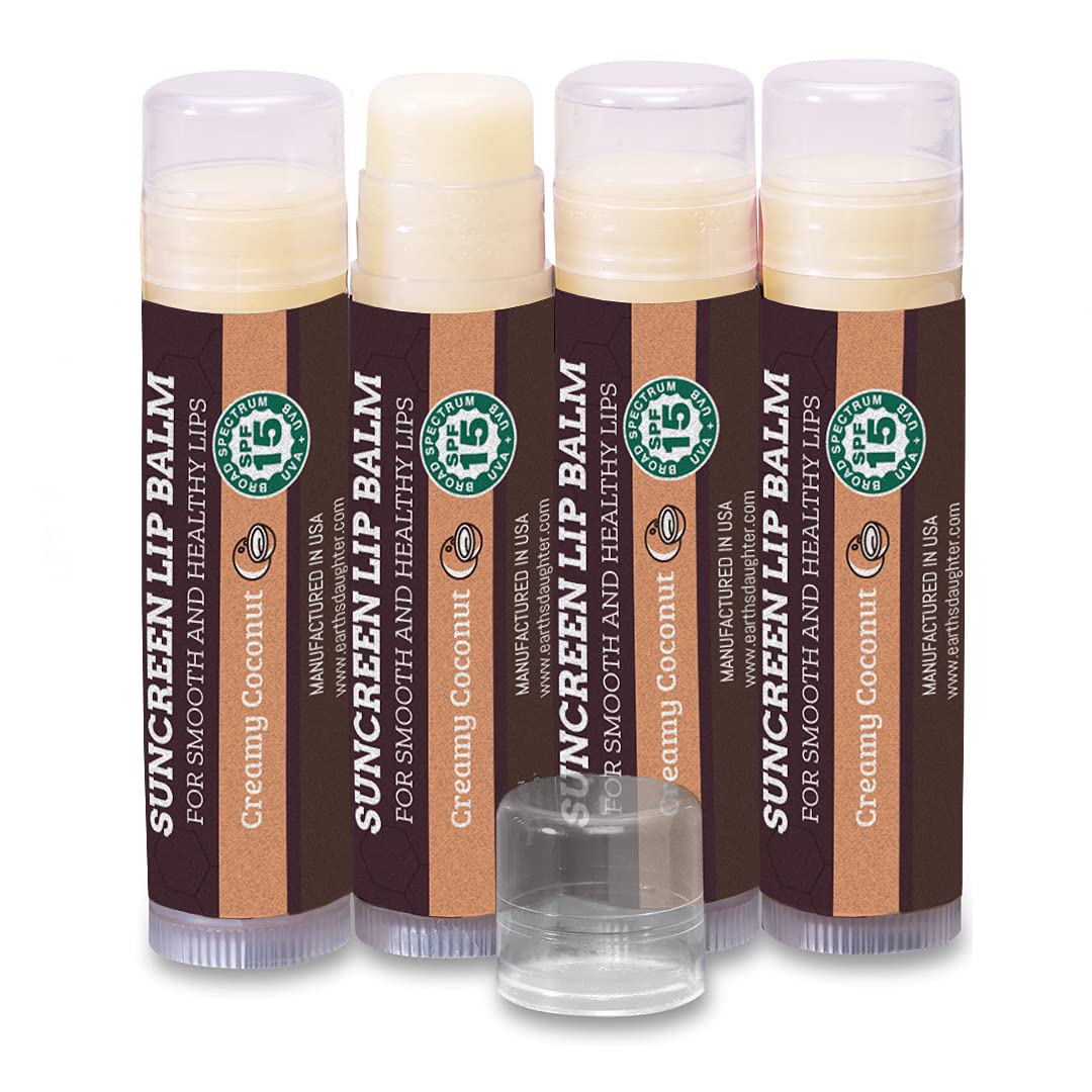 Spf Lip Balm 4-Pack By Earth'S Daughter - Lip Sunscreen, Spf 15, Organic Ingredients, Coconut Flavor, Beeswax, Coconut Oil, Vita