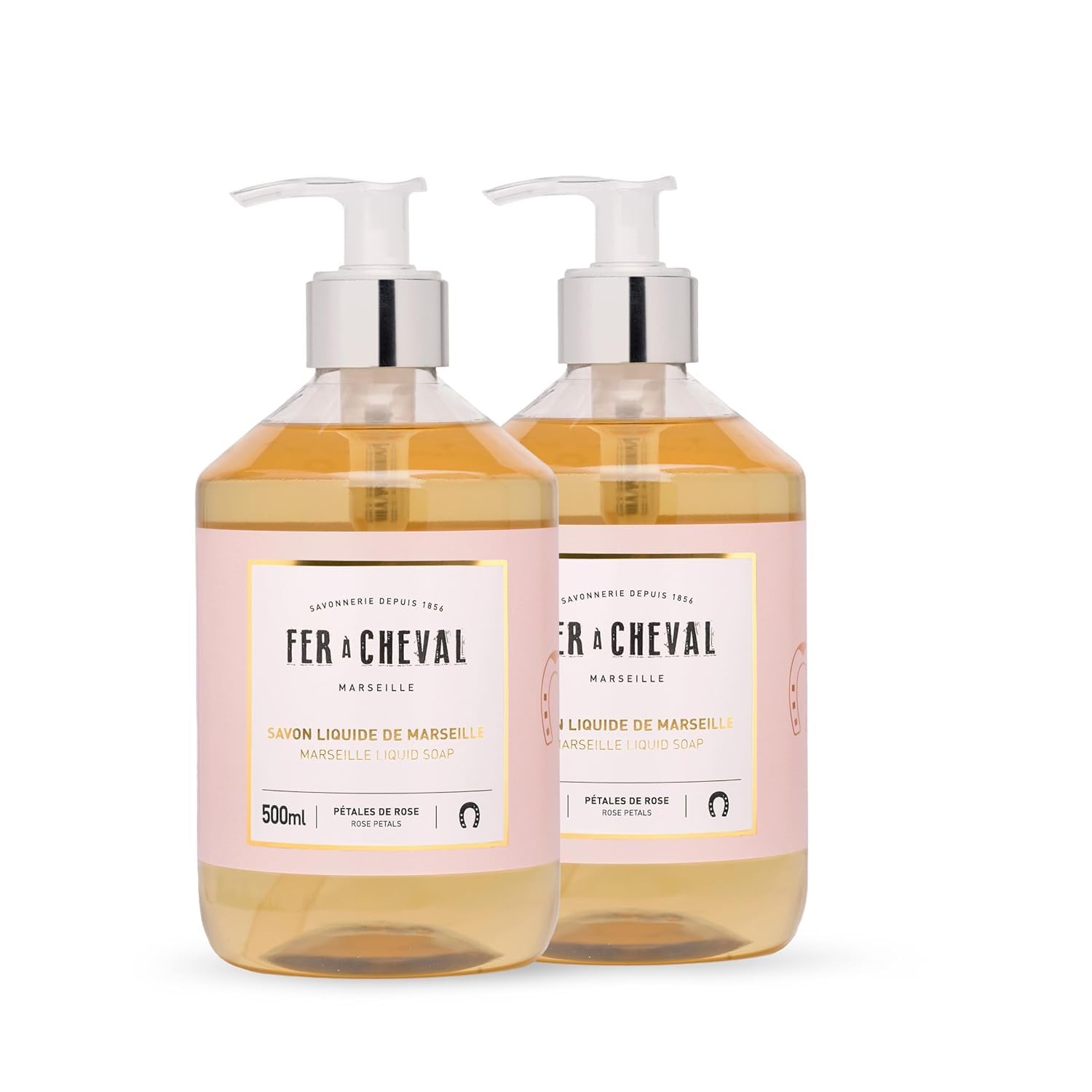 Fer  Cheval Marseille Liquid Soap Rose Petal - Hydrating Hand Soap with Argan & Coconut Oil, No SLS/Parabens, 2-Pack, 500 ml/16.