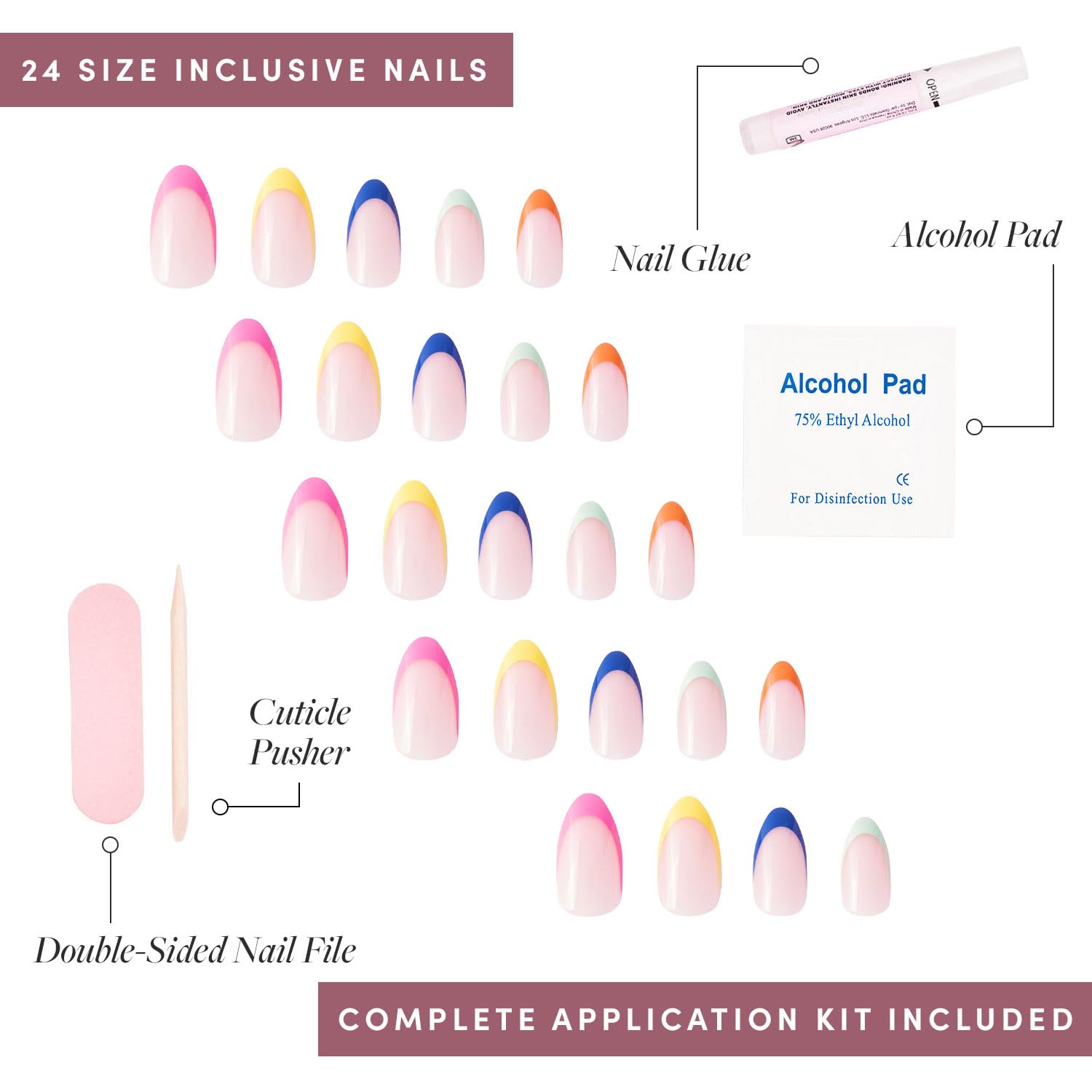 Glamnetic Press On Nails - Sprinkles | Rainbow French Tip Nails, Uv Finish Short Pointed Almond Shape, Reusable Semi-Transparent