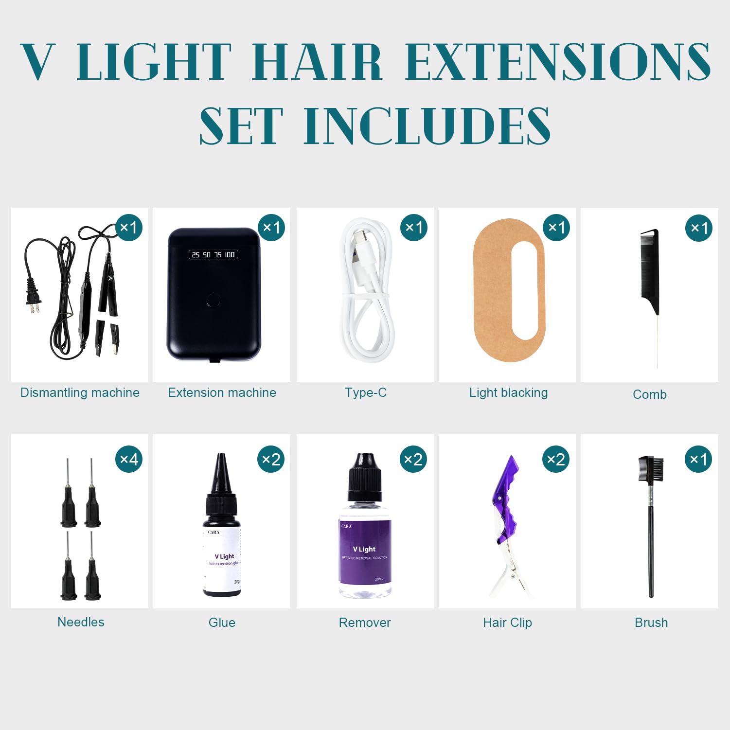 V Light Hair Extensions Kit Mini V Light Hair Extension Set With V Light Lamp*1 V Light Glue*2 Hair Extensions Remover*2 Vlight