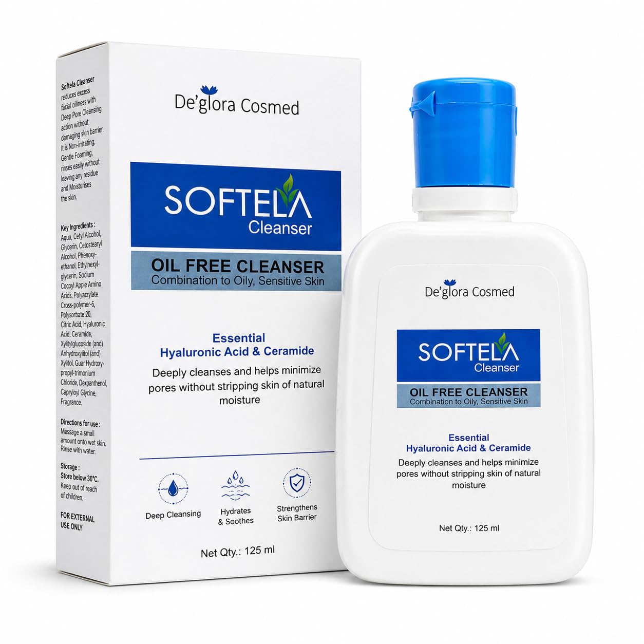 Deglora Cosmed Softela Cleanser Oil Free Face Cleanser For Oily & Sensitive Skin With Hyaluronic Acid & Ceramide Deep Pore Clean