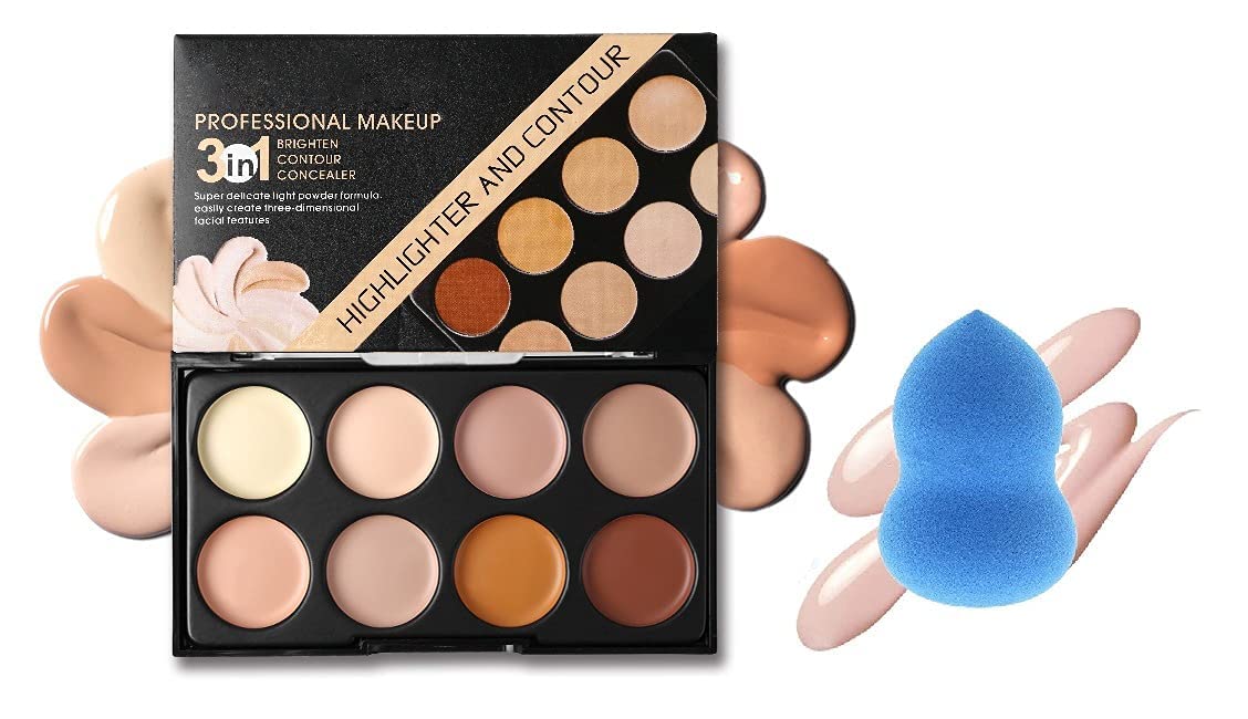 Swizhuda Highlighter And Contour 8 Shades Cream Concealer With Blender Puff Combo Matte Finish