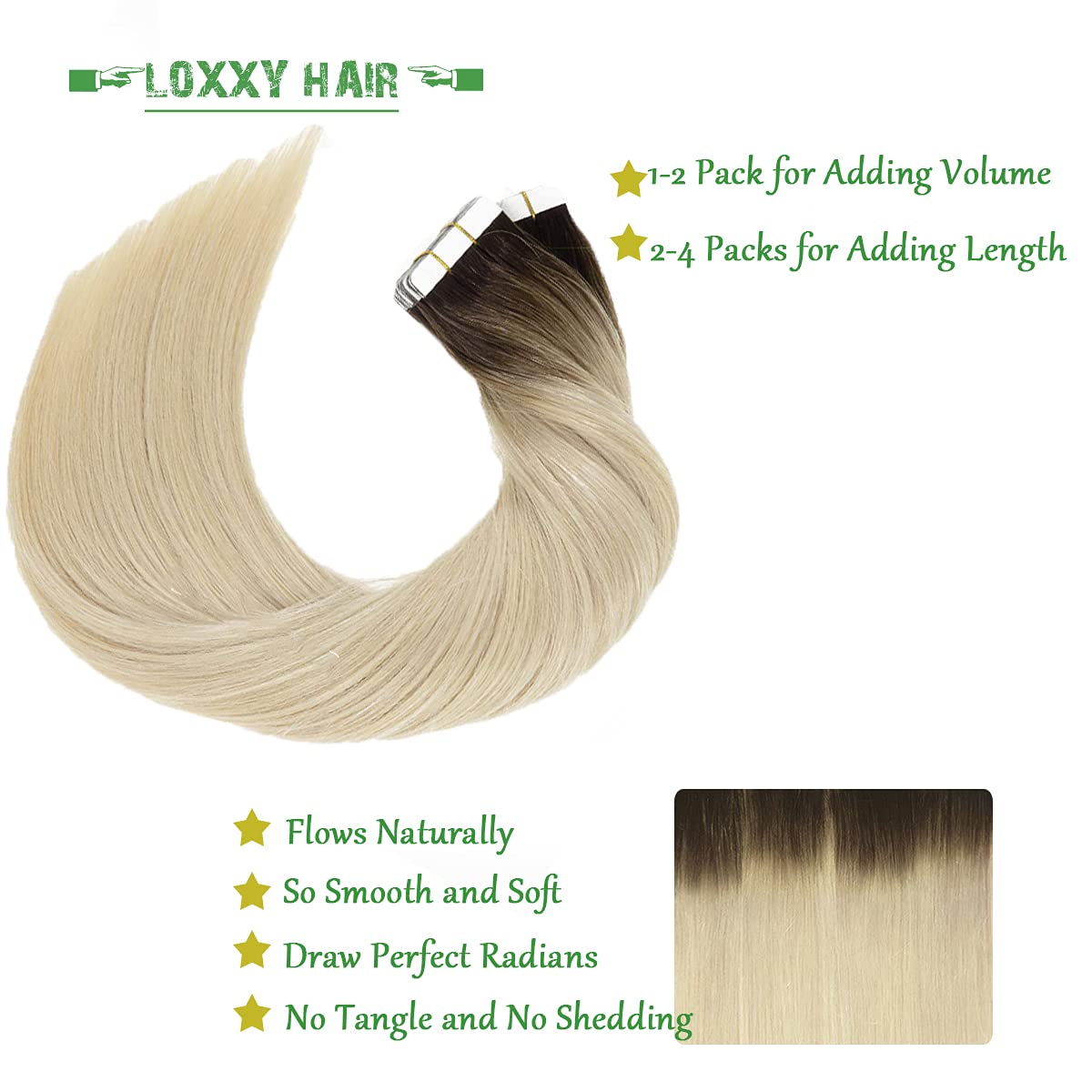Loxxy Tape In Natural Hair Remy Human Hair Extensions Dip Dyed Balayage #2/60 Darker Brown To Platinum Blond Seamless Pu Skin We