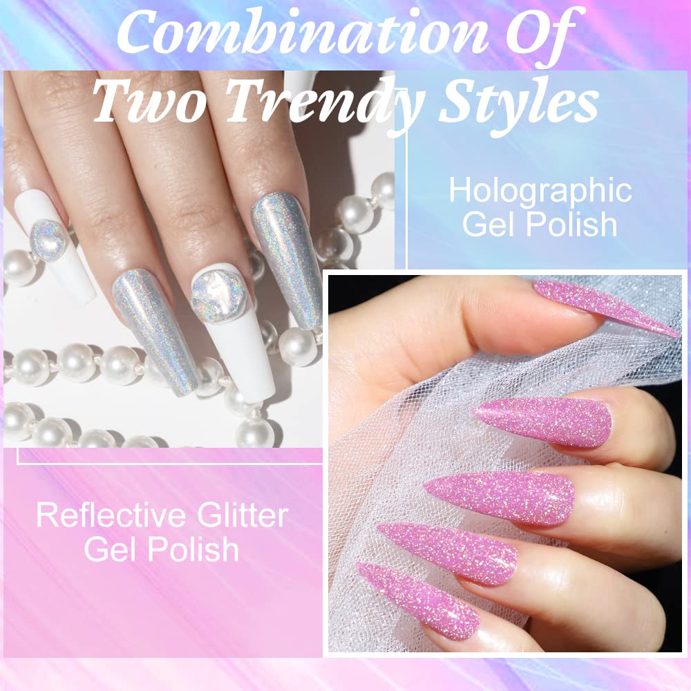 Mizhse 6 Glitter Gel Nail Polish, 6 Holographic Gel Nail Polish, Sparkle Shiny Glitter Gel Polish Glossy Nail Lacquer Rainbow Ir
