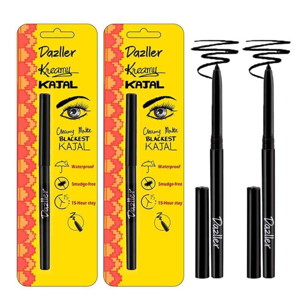 Dazller Kreamy Kajal - Pack Of 2, Blackest Black, 15 Hour Stay, Water-Resistant, Smudge-Proof, Creamy Matte Finish, 0.7G