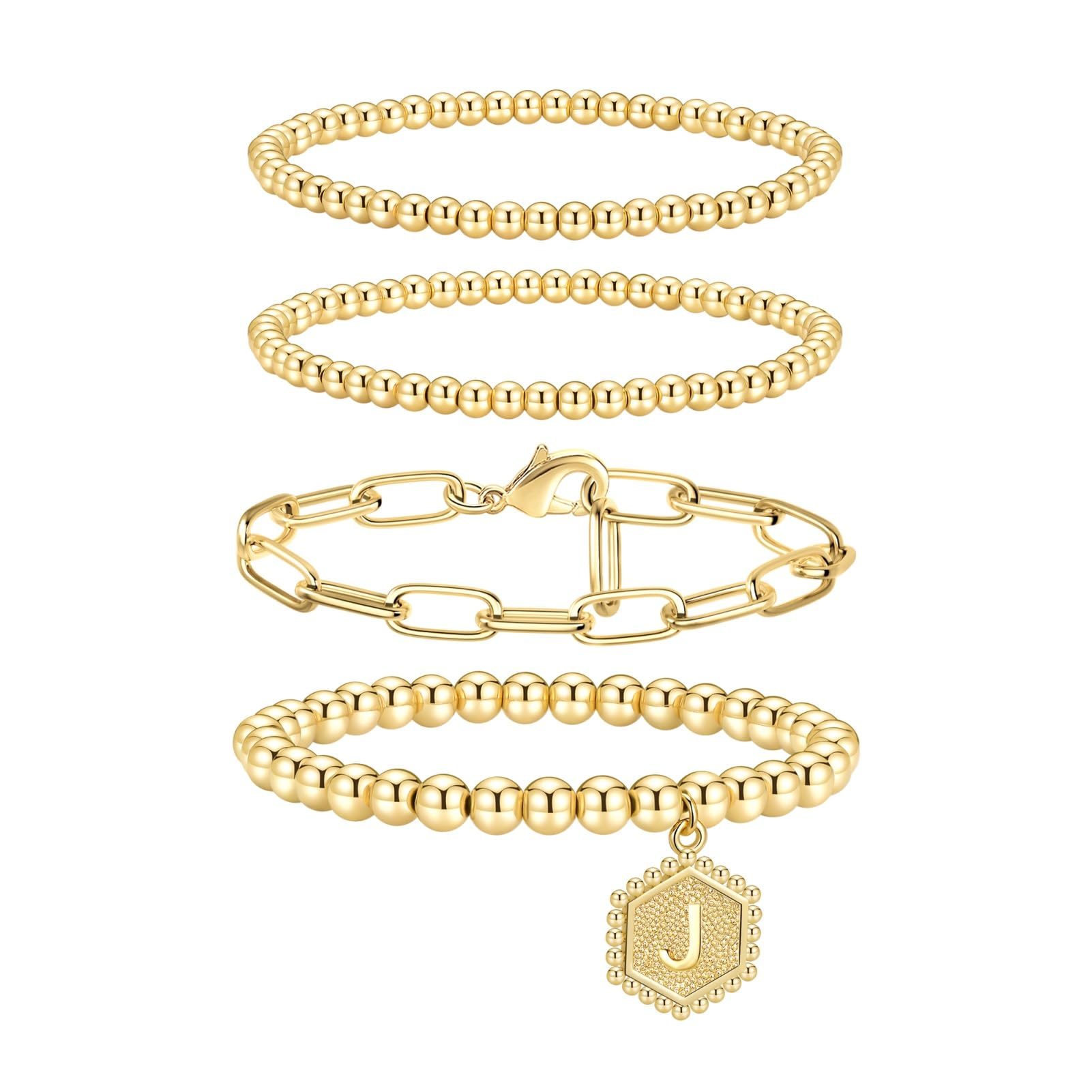 doubgood Gold Bracelets for Women, Stackable Initial Beaded Bracelet with Letter Pendant J Stretch Trendy Stack Jewelry Set for 