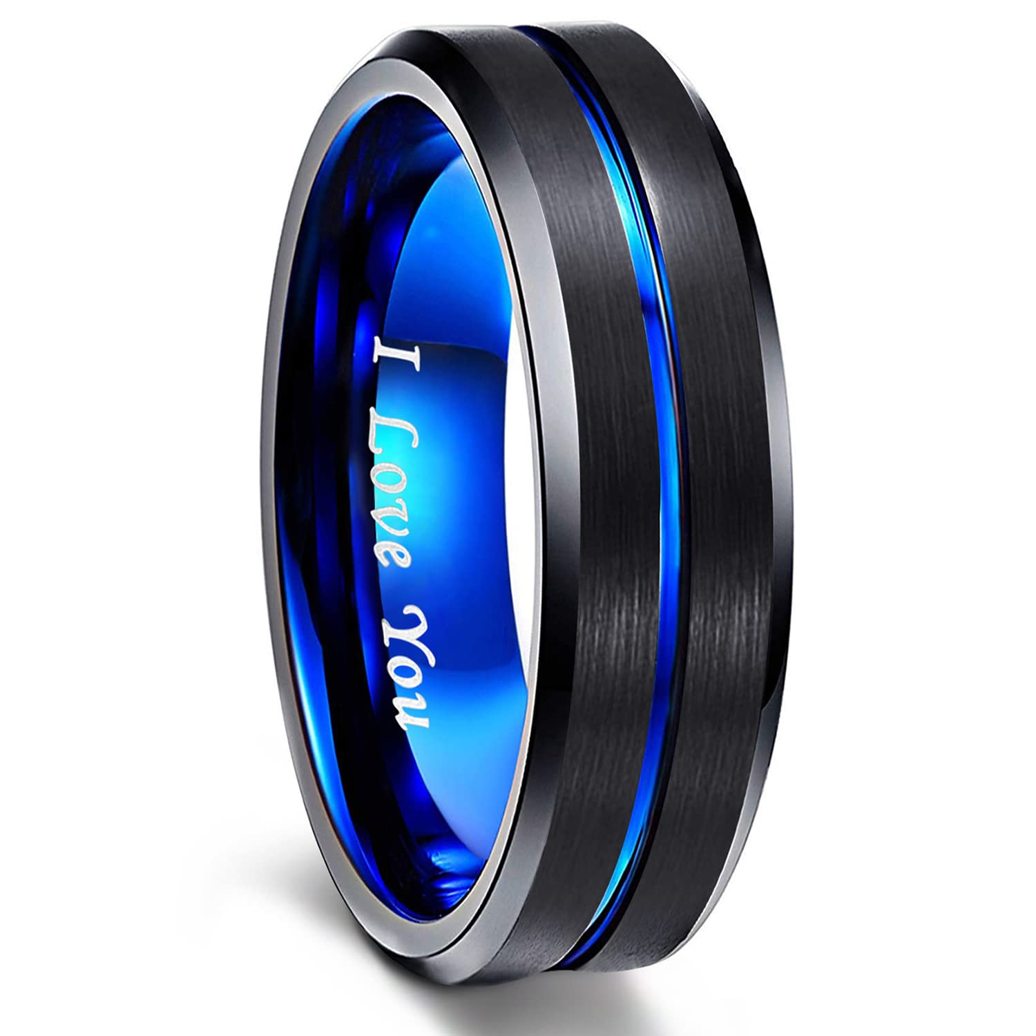 Greenpod 6mm Mens Black Tungsten Ring with Thin Blue Groove Beveled Edge Engraved I Love You Comfort Fit Size 9
