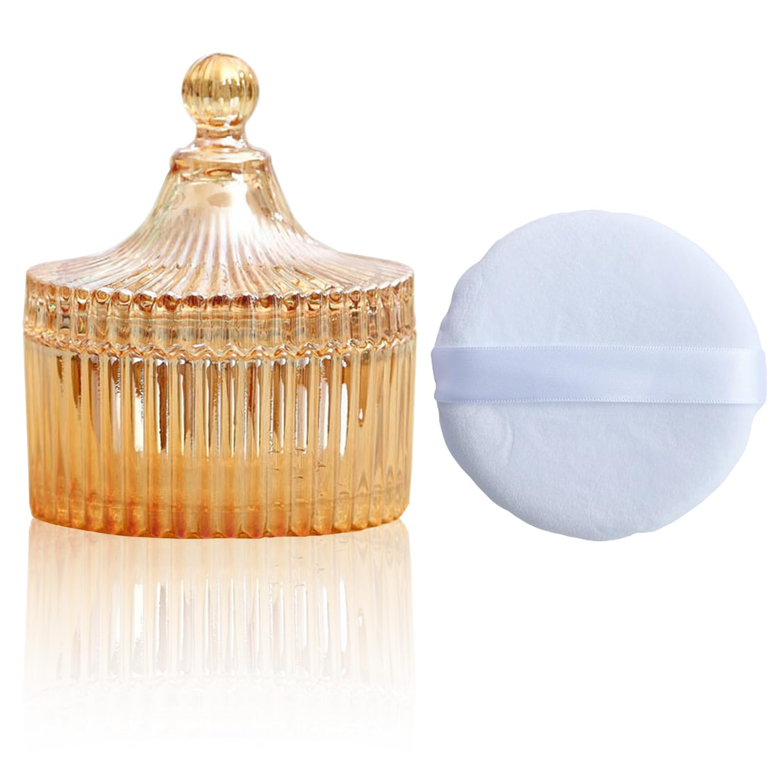 Qopoto Body Powder Puff and Container, Glass Box for Dust Puff, Powder applicator with Case for Dusting powder (retro)