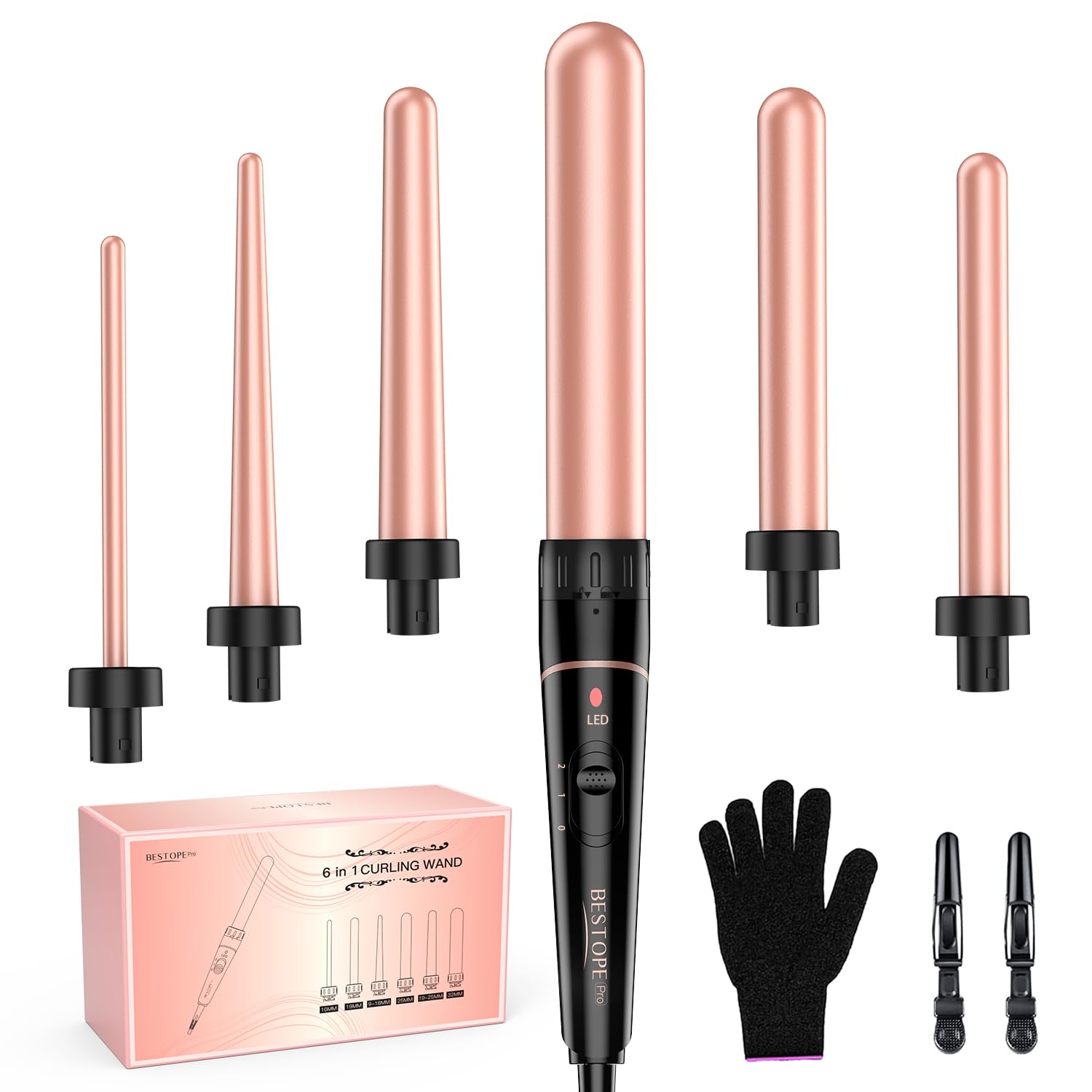 BESTOPE PRO 6 in 1 Curling Wand Set, Ceramic, Rose Gold, Model L-F, Interchangeable 0.35"-1.25" Hair Curlers for Long/