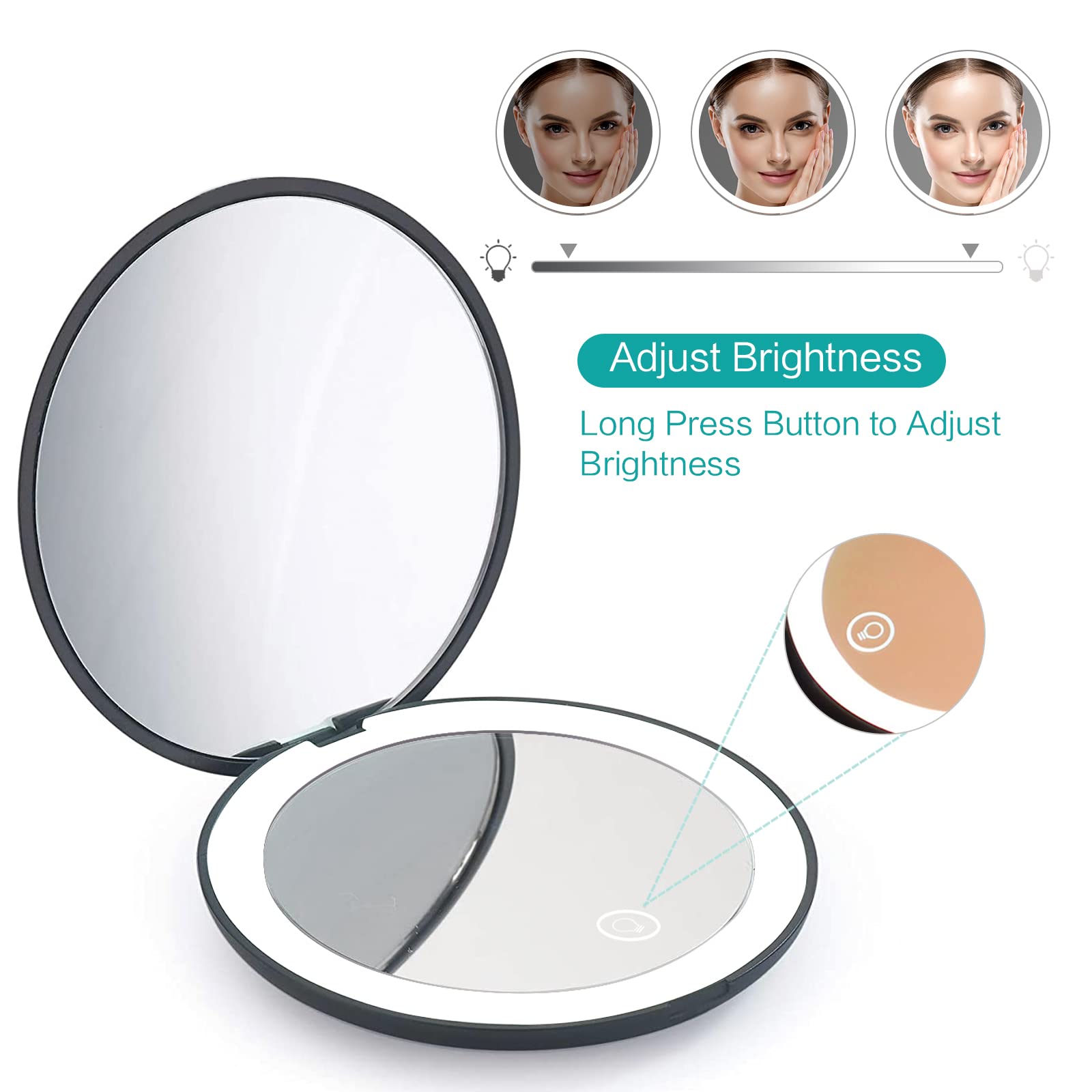Wobsion Rechargeable Compact Mirror,1X/10X Magnification Compact Mirror With Light,Dimmable Led Travel Makeup Mirror,Portable Mi