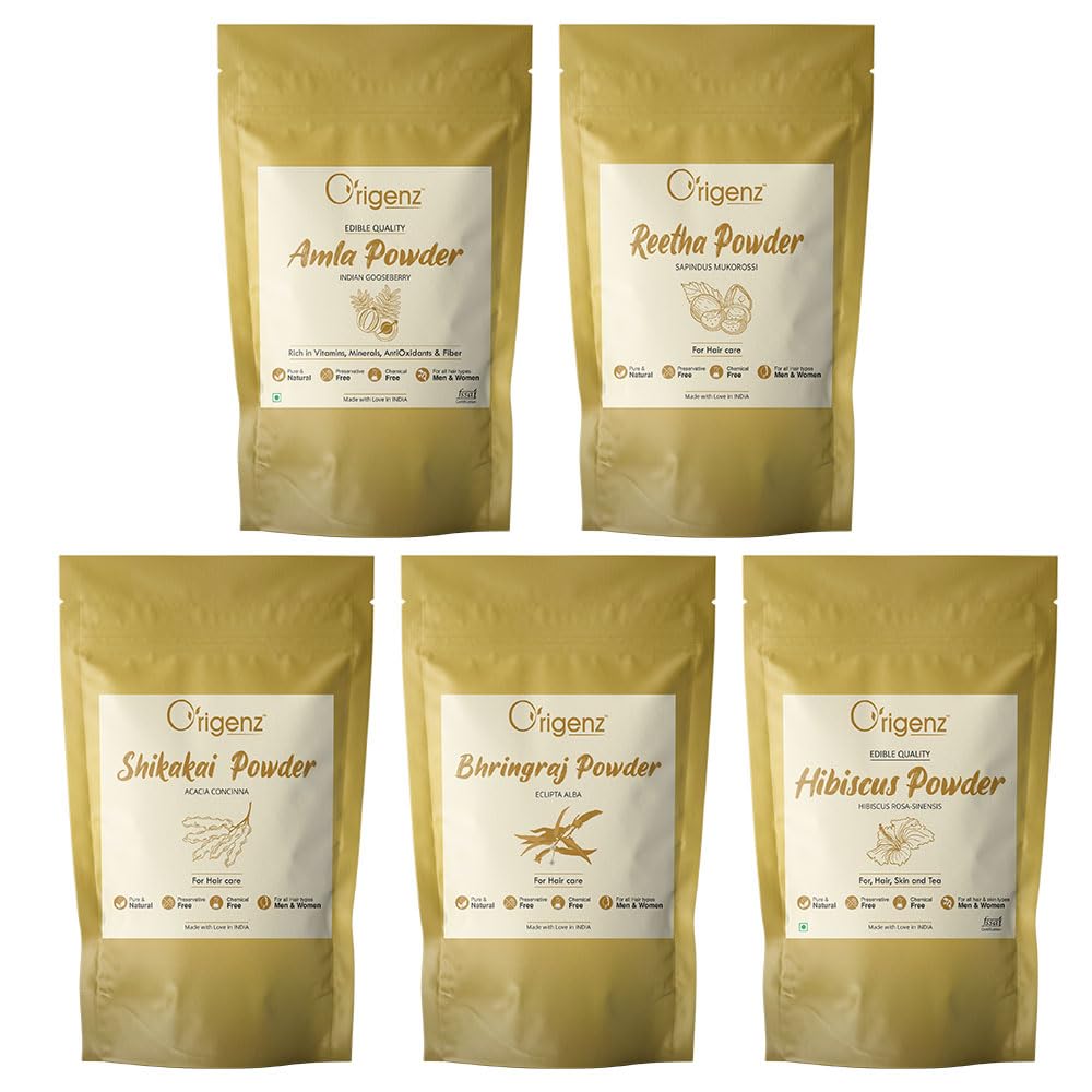 Origenz Hair Care 5 Powders Combo 1250 Gm (1.25 Kg) - Amla Reetha Shikakai Bhringraj Hibiscus Powder Pack For Wash, Healthy Scal