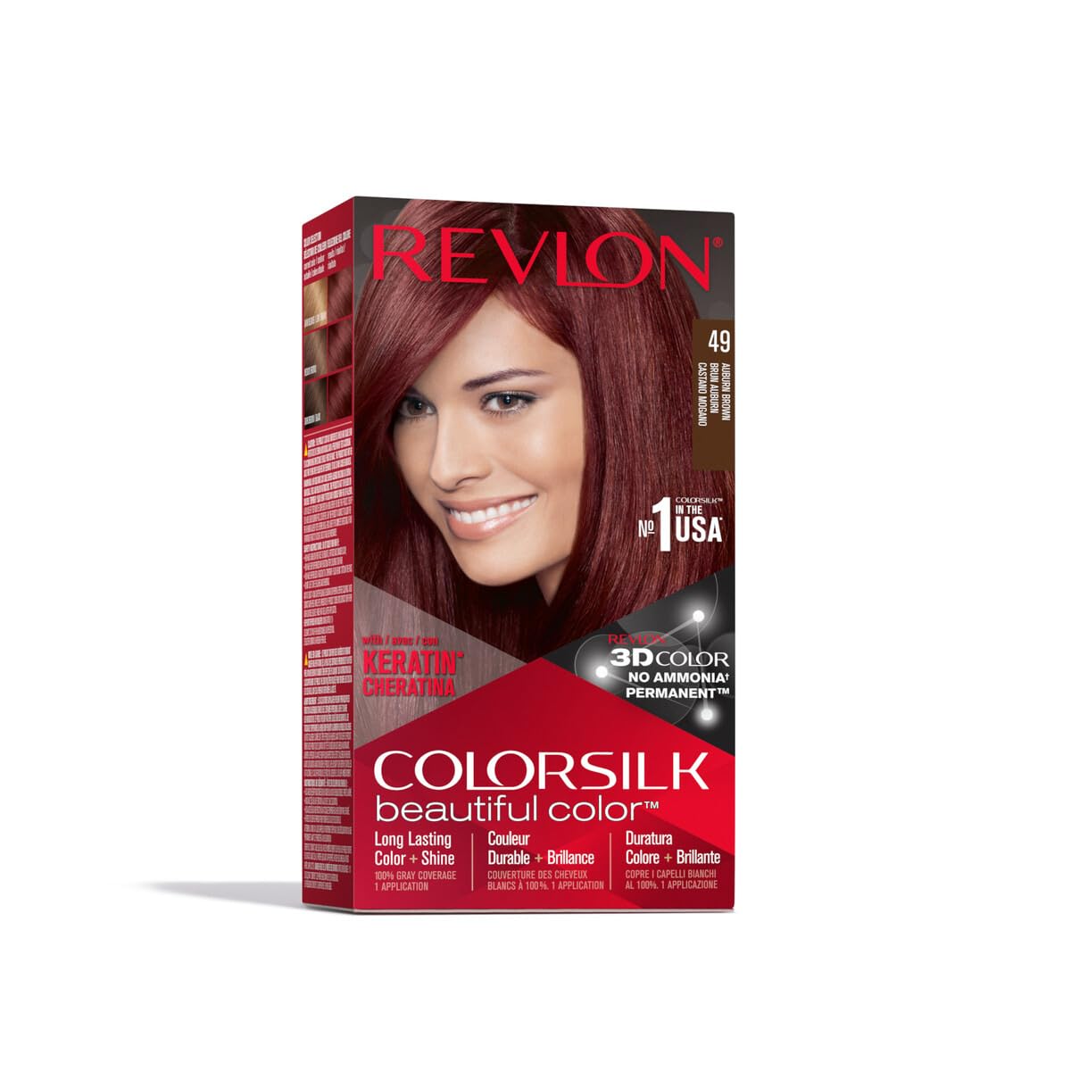 Revlon Colorsilk Beautiful Color, Permanent Hair Dye with Keratin, 100% Gray Coverage, Ammonia Free, 49 Auburn Brown