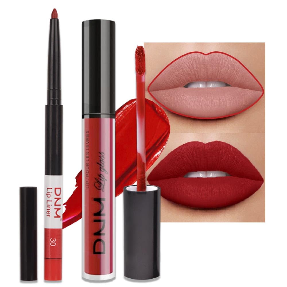 2Pcs Matte Ruby Red Lip Liner And Lipstick Makeup Set, Berry Colored Lipstick 24H And Lip Liner Set Matt Ink Liquid Lips Make Up