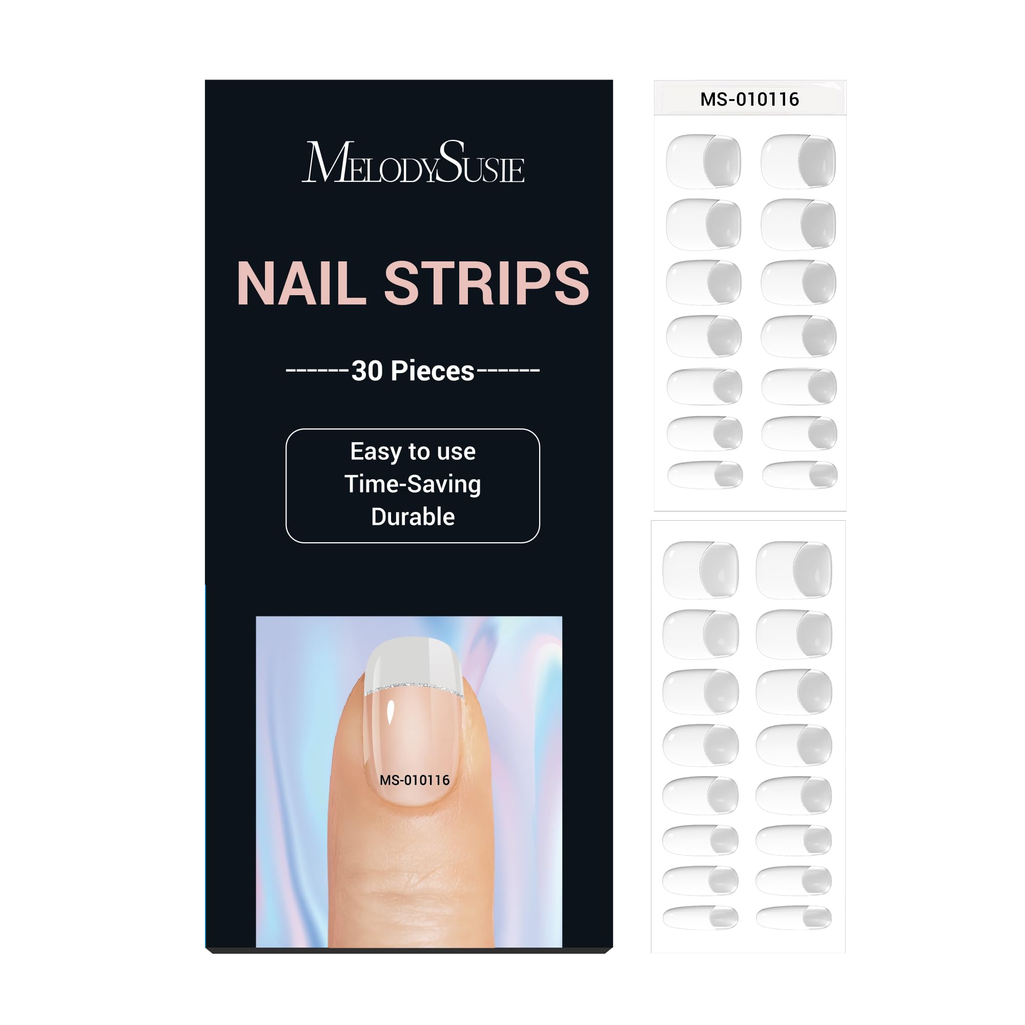 MelodySusie 30PCS Semi Cured Gel Nail Strips (White French)- Works with Nail lamp, Salon-Quality, Long Lasting, Easy to Apply & 
