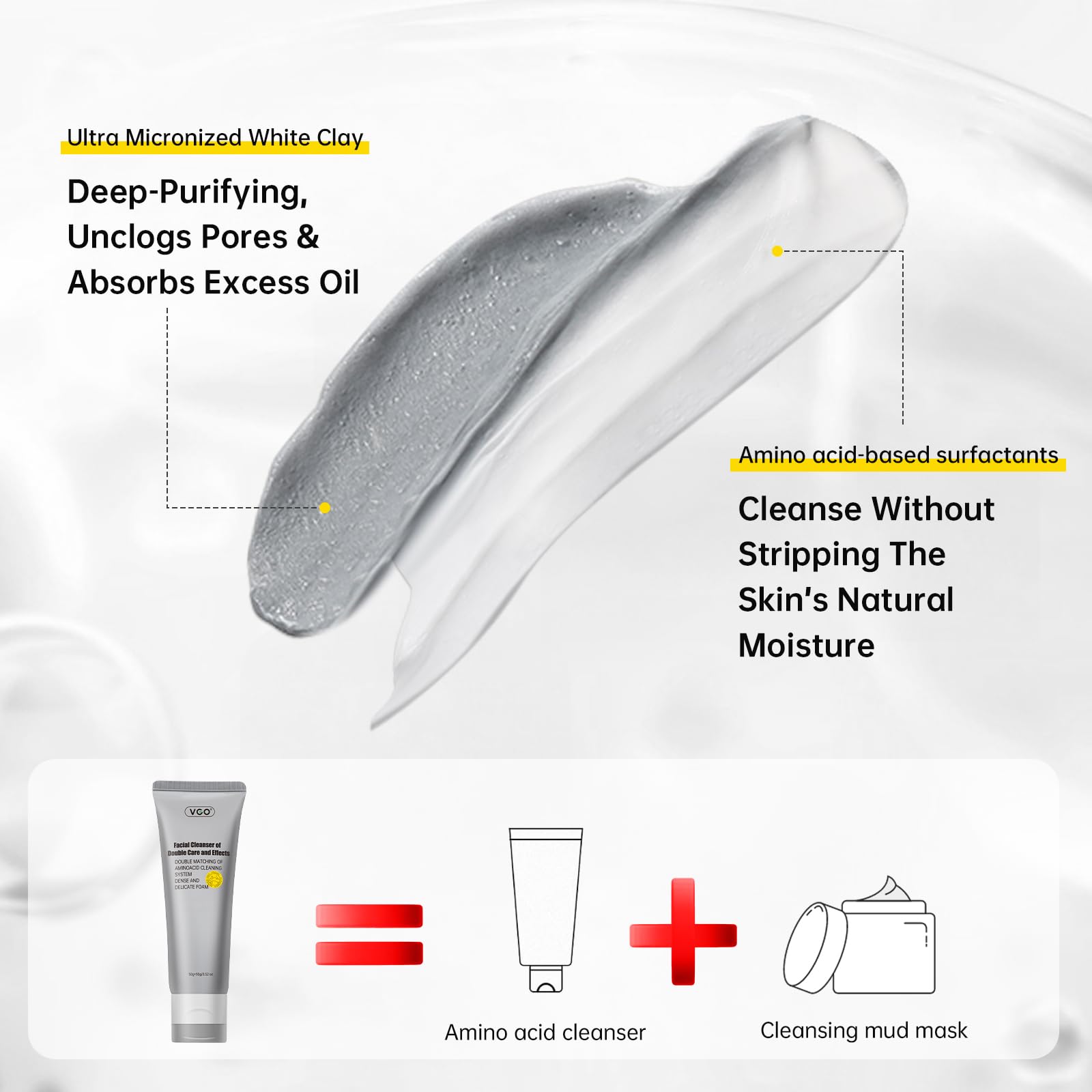 VGO Facial Cleanser, Daily Face Wash for Deep Pore Cleanser and Makeup Remover for Sensitive Oily Skin, Double Tube Design with