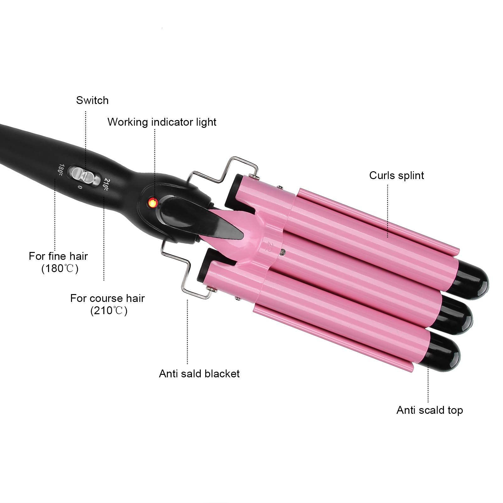 Hair Curling Tongs, 3 Barrel Hair Curler, Tourmaline Hair Curling Iron with 2 Temperature Class, Quick Heating Electric Hair Wav